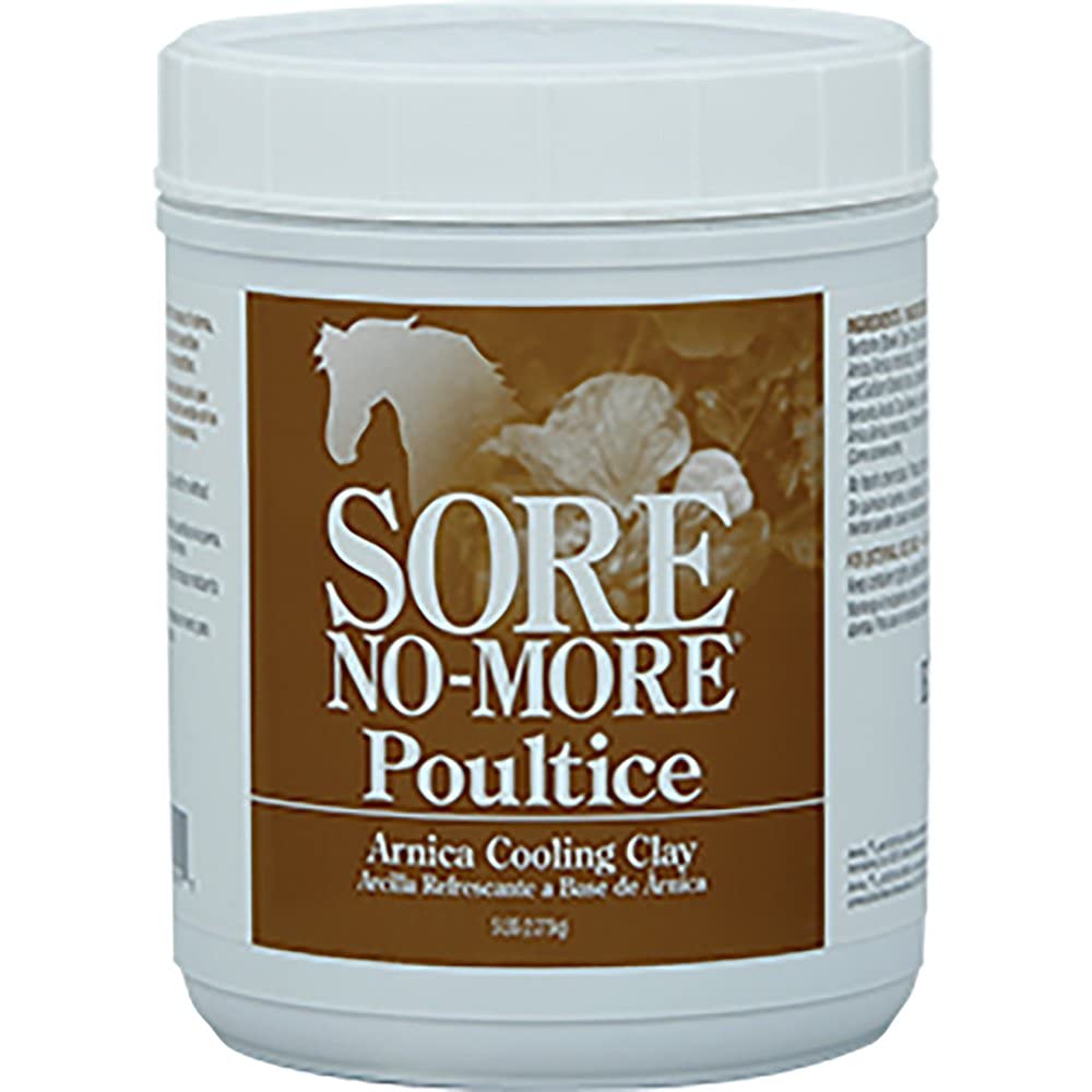 Arenus Sore No More Cooling Clay Poultice applied to a horse leg for cooling relief