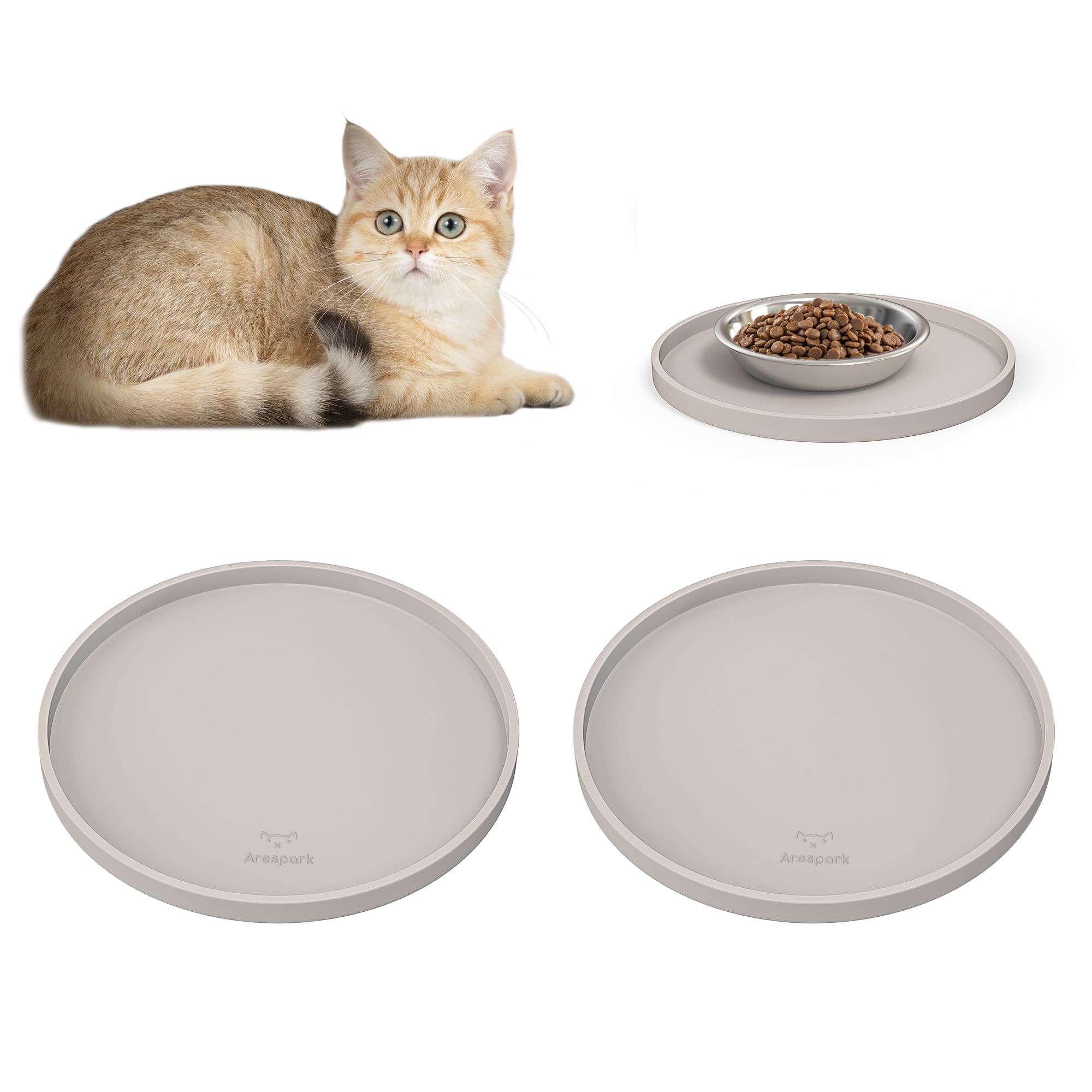 Arespark two-pack cat food mats with nonslip waterproof surface for clean mealtimes.
