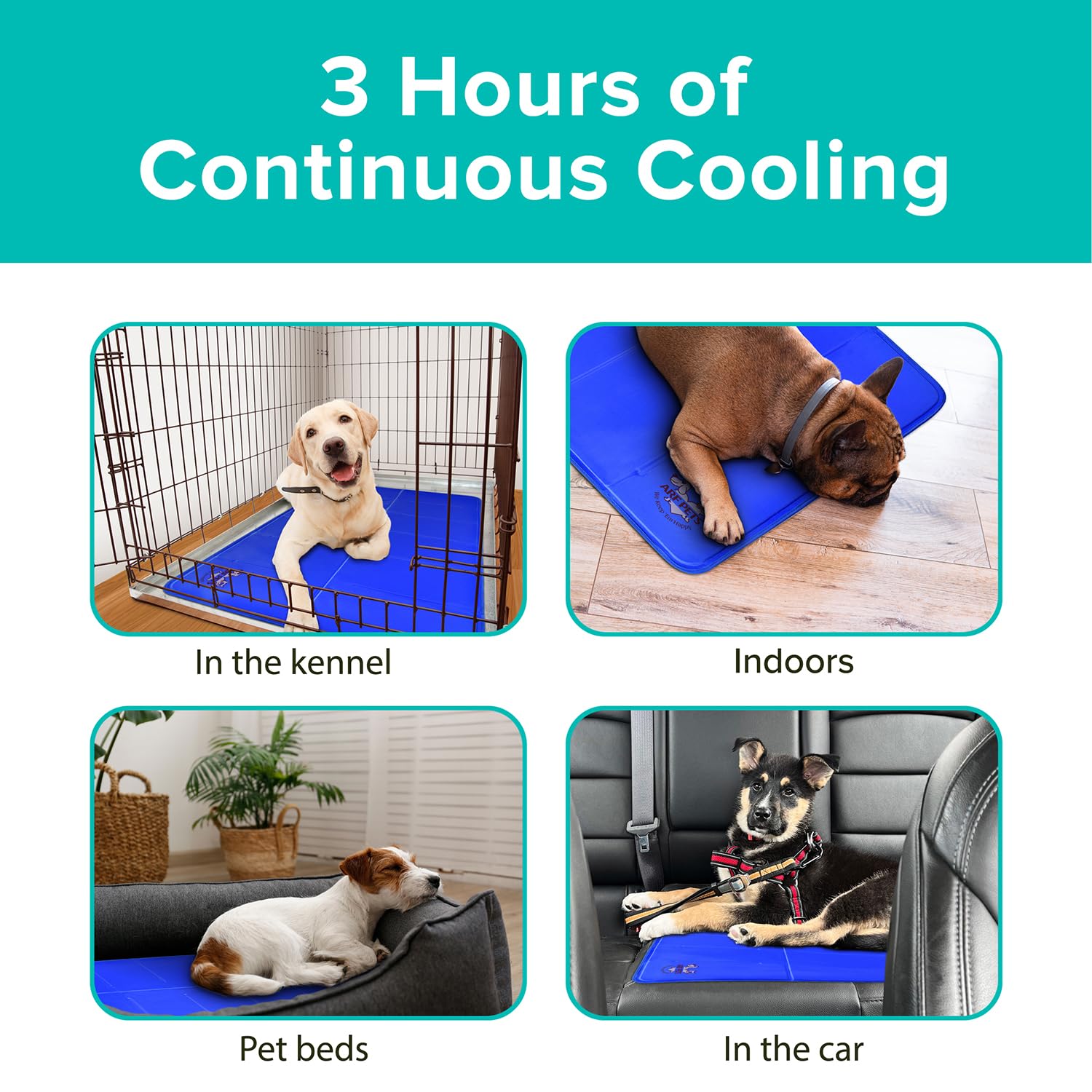 Arf Pets cooling mat in car seat for cooling during travel.