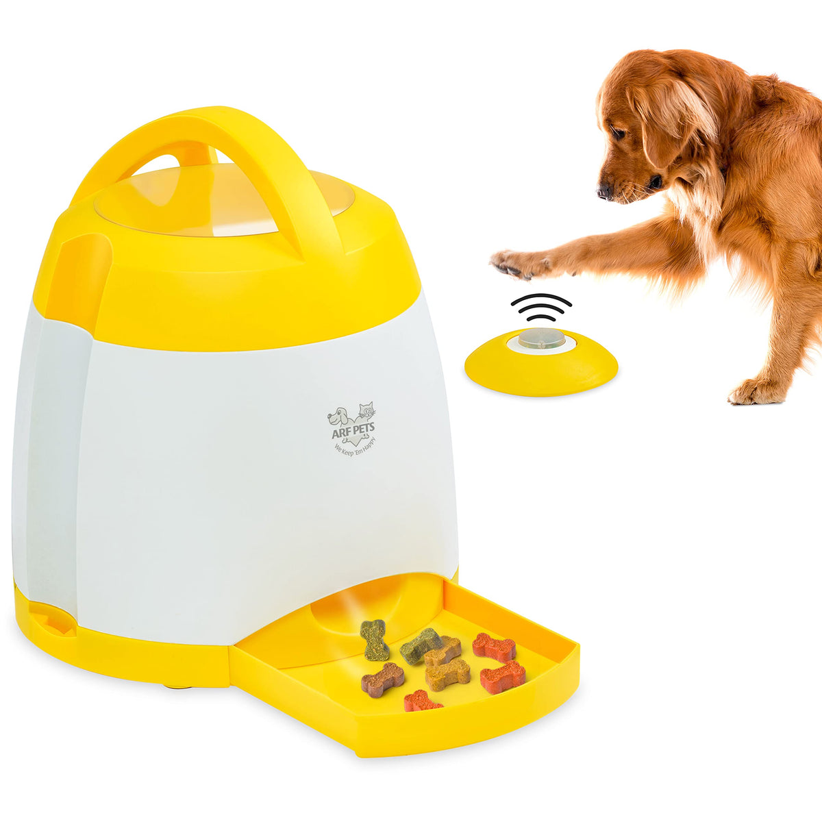 Arf Pets dog treat dispenser with remote button ready for interactive training sessions.