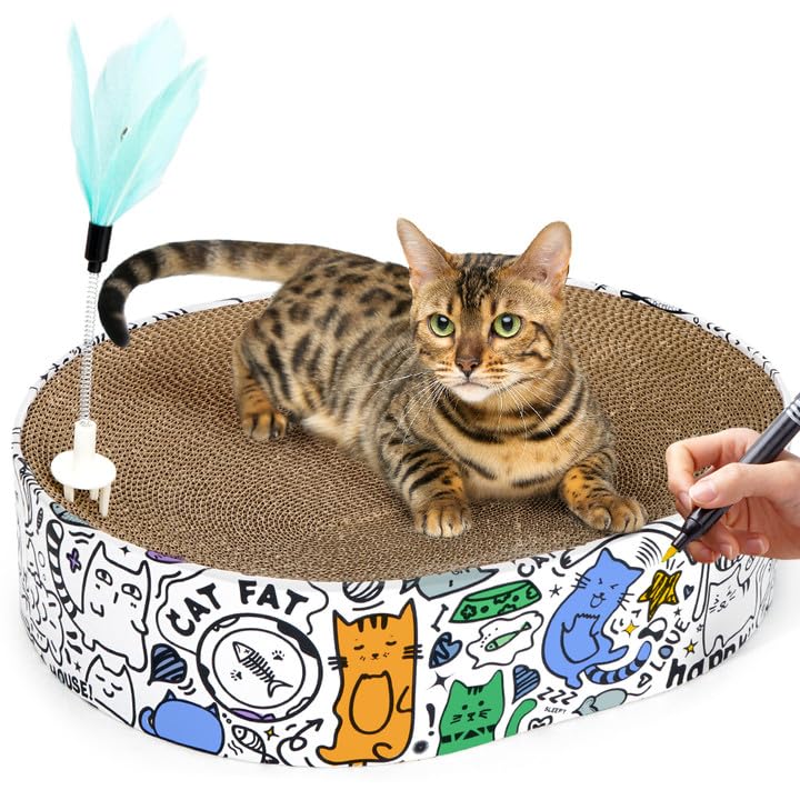 ARGOPET thick-durable cardboard oval bed endures scratching and play sessions.