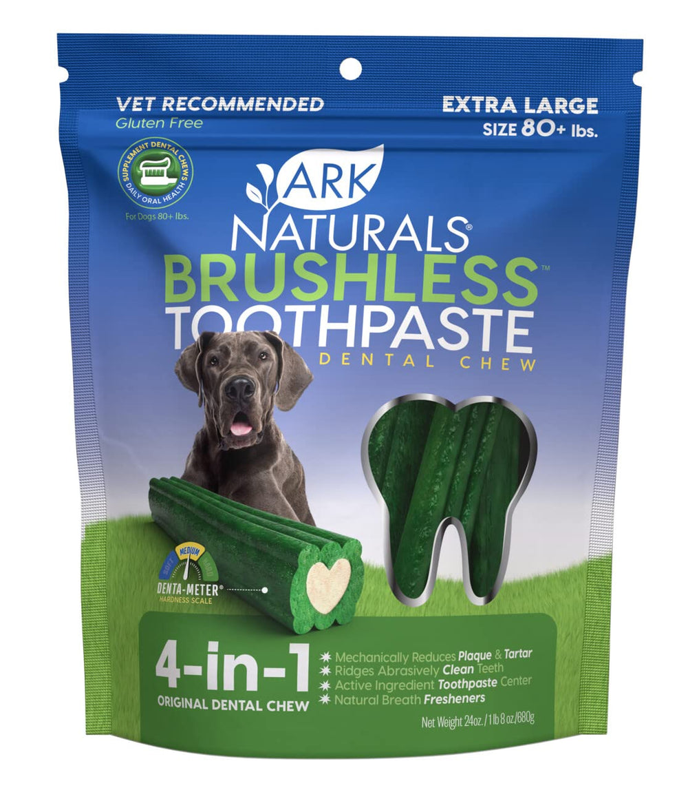 Ark Naturals Brushless Toothpaste extra-large bag front shows 24 oz pack for large dogs' dental care.