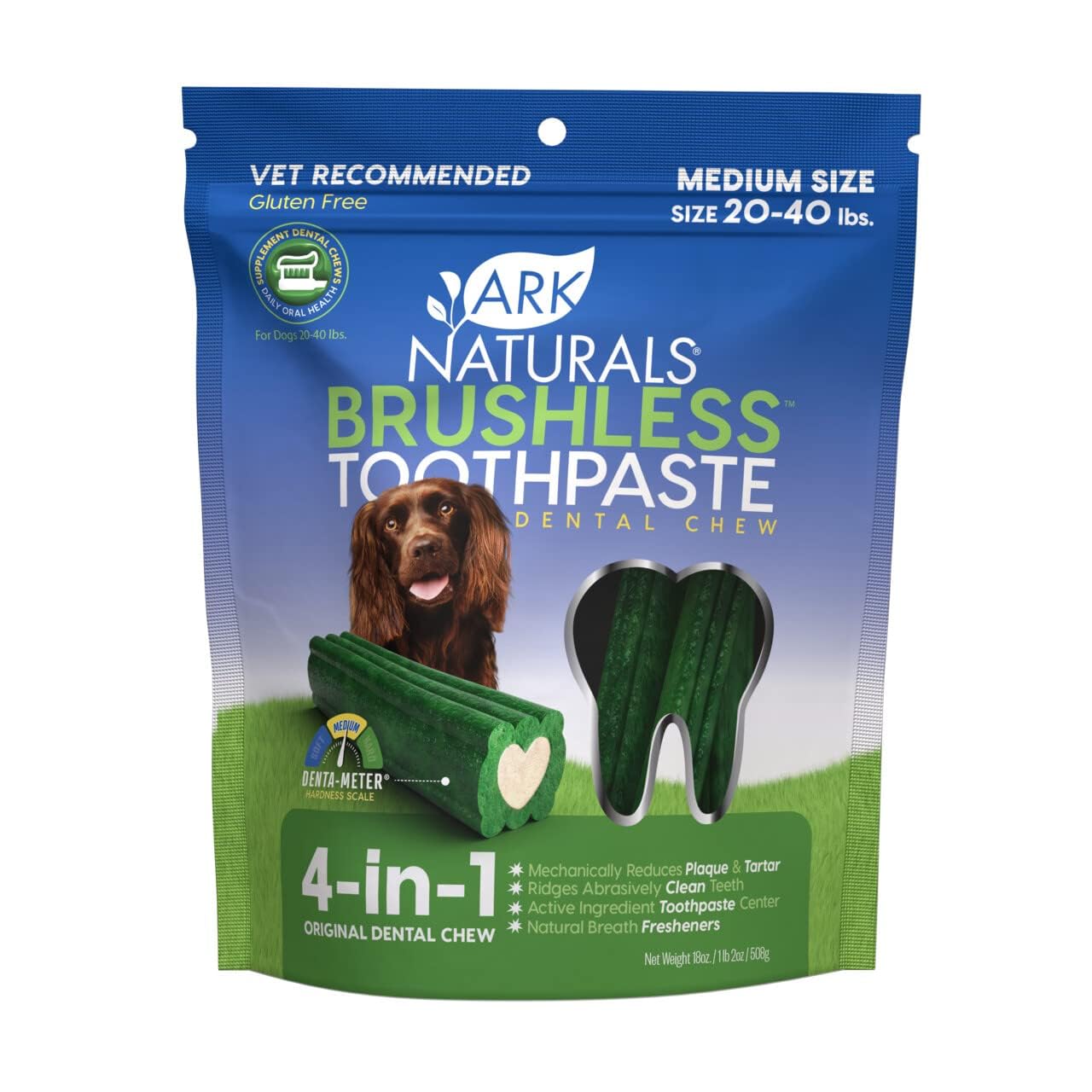 ARK NATURALS Brushless Toothpaste for Medium Breed Dogs bag front showing daily breath refreshment.