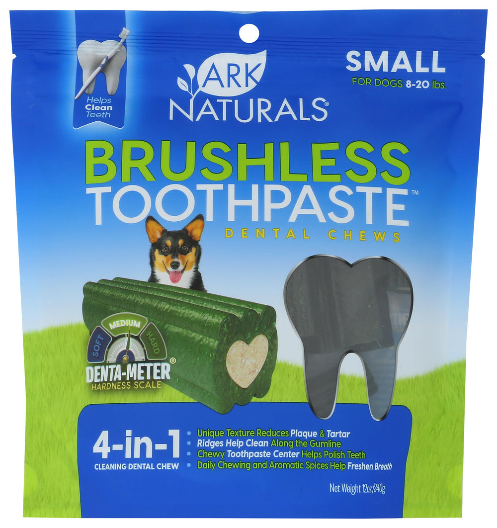 Ark Naturals Brushless Toothpaste small-breed bag shows chews that help freshen breath.