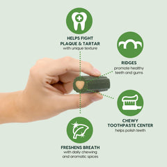 ARK NATURALS Brushless Toothpaste closeup highlights textured chews that help fight plaque.