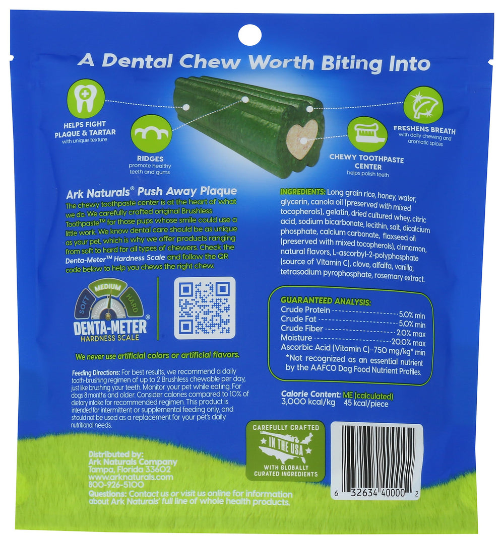 Ark Naturals Brushless Toothpaste textured chews closeup highlight ridges cleaning along gumline.