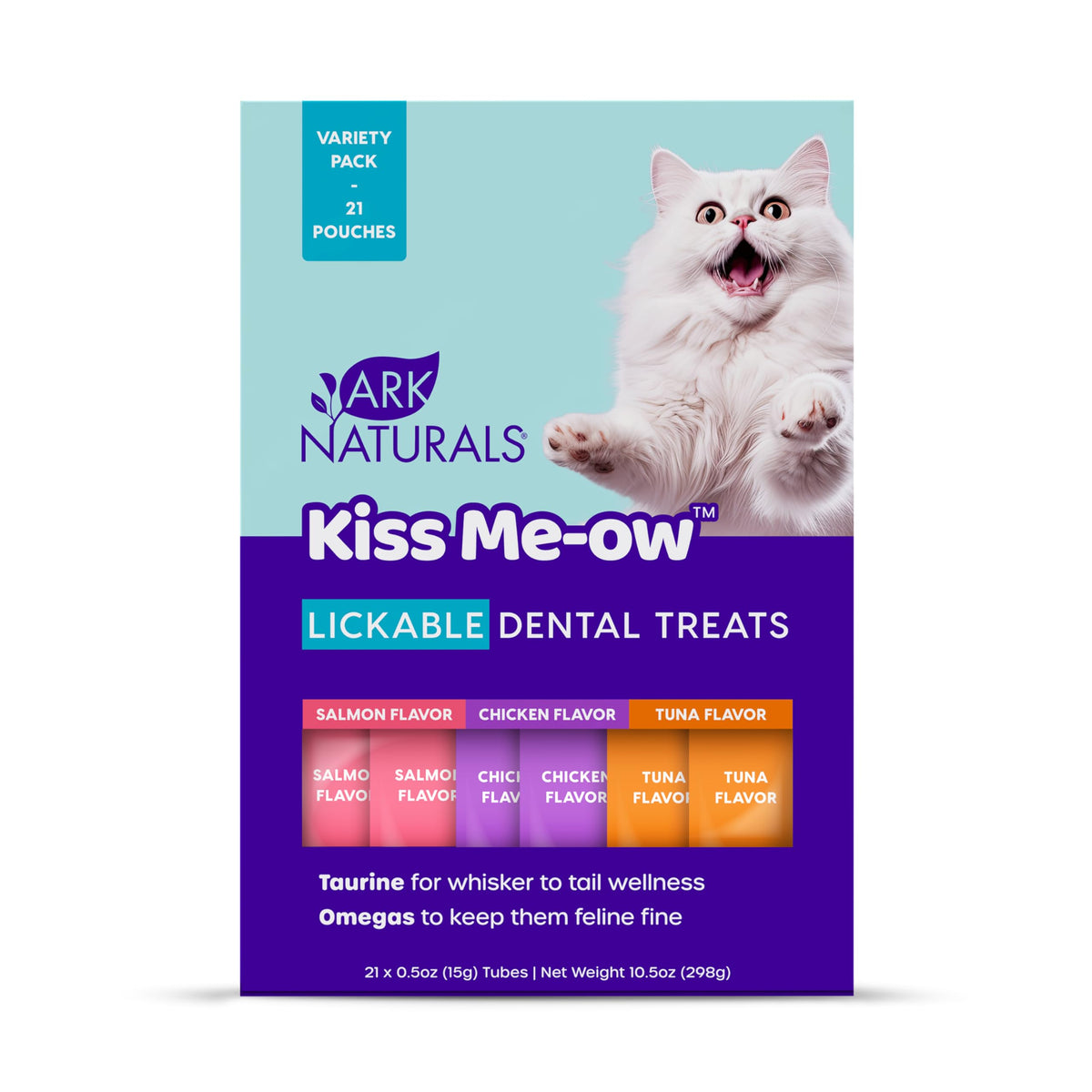 Ark Naturals Kiss Me-Ow lickable tubes for cats, convenient treats supporting dental care.