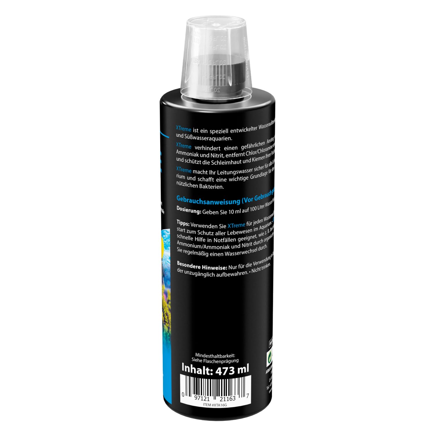 ARKA Microbe-Lift XTA16 label closeup highlights chloramines and chlorine removal in tap water.