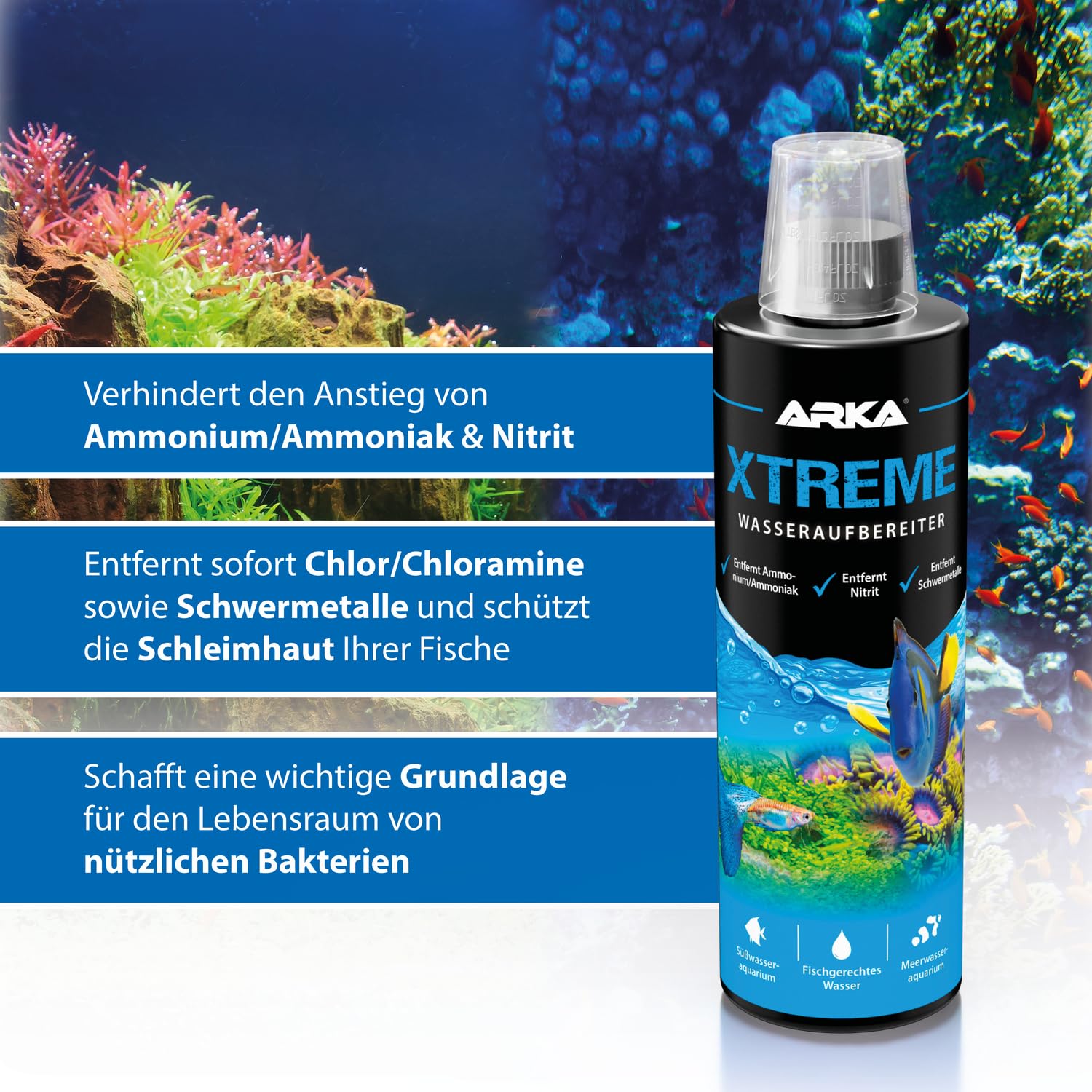 ARKA Microbe-Lift XTA16 bottle pouring into aquarium to improve water quality for fish.