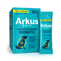 ARKUS Daily probiotic bottle shown for convenient dog gut support.