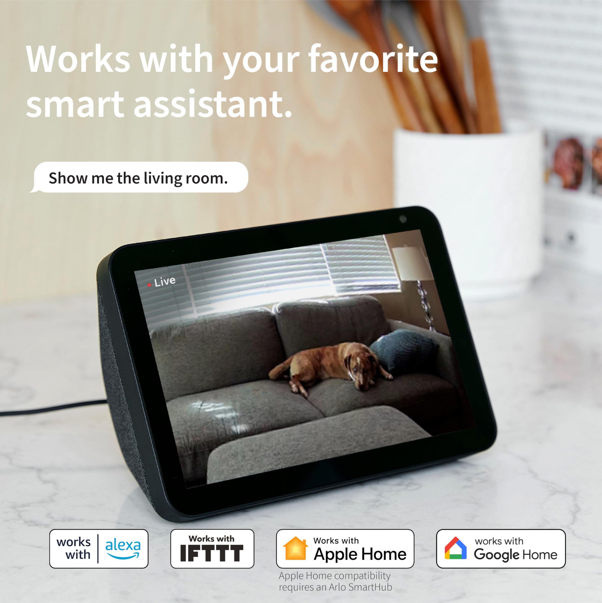 Arlo Essential Indoor Camera HD app live stream and remote access.