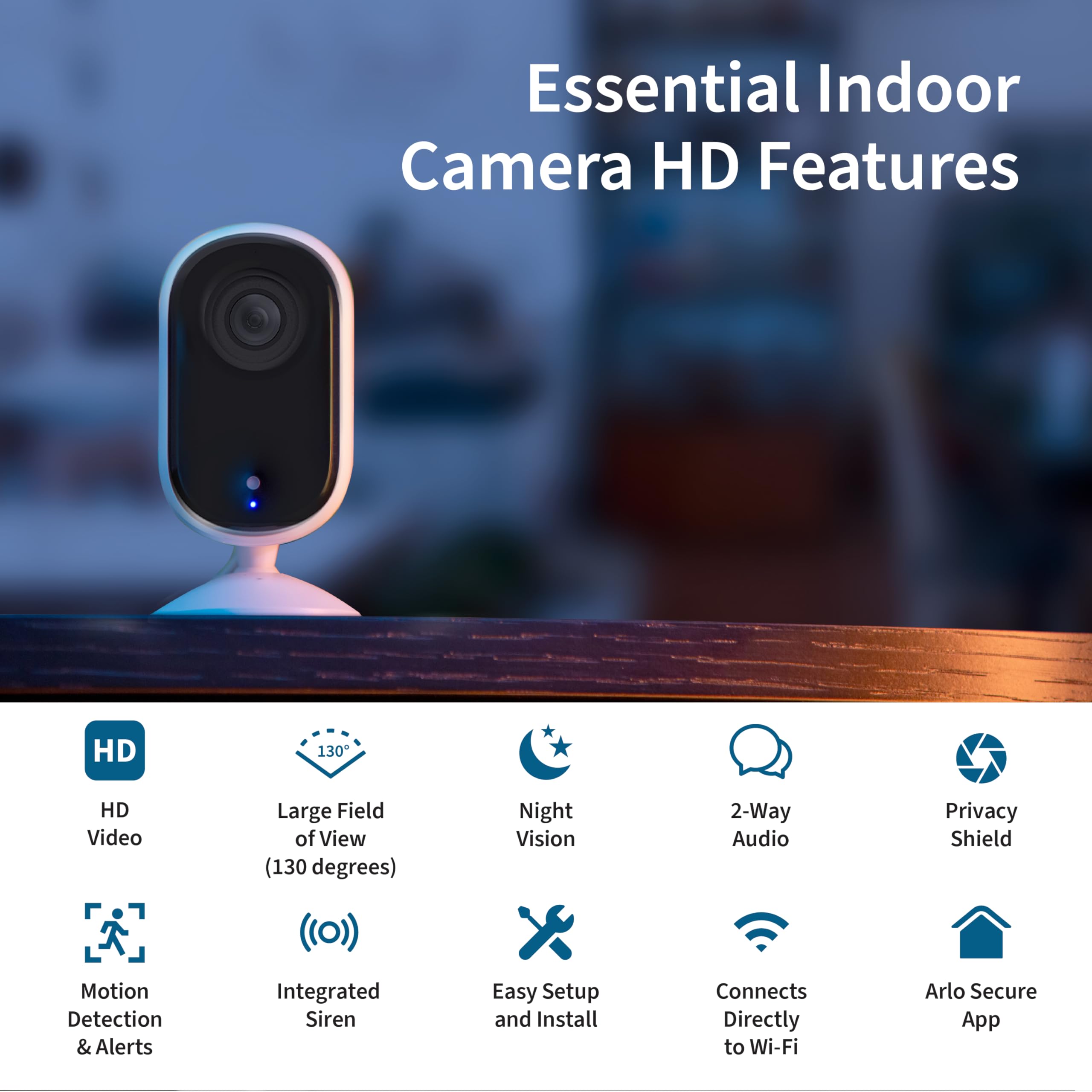 Arlo Essential Indoor Camera HD night vision clearly lights dark corners.