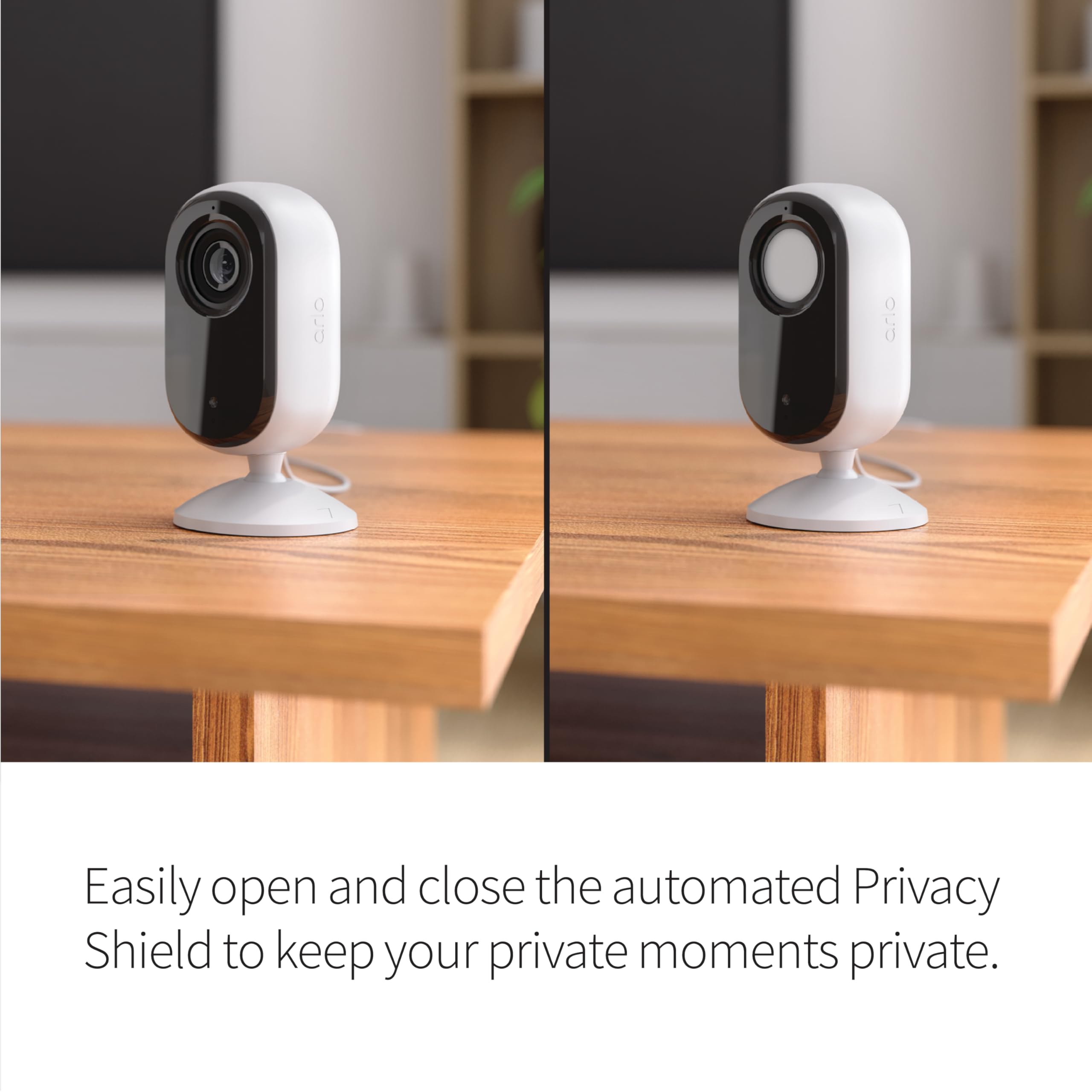 Arlo Essential Indoor Camera HD privacy shield closes the lens for privacy.