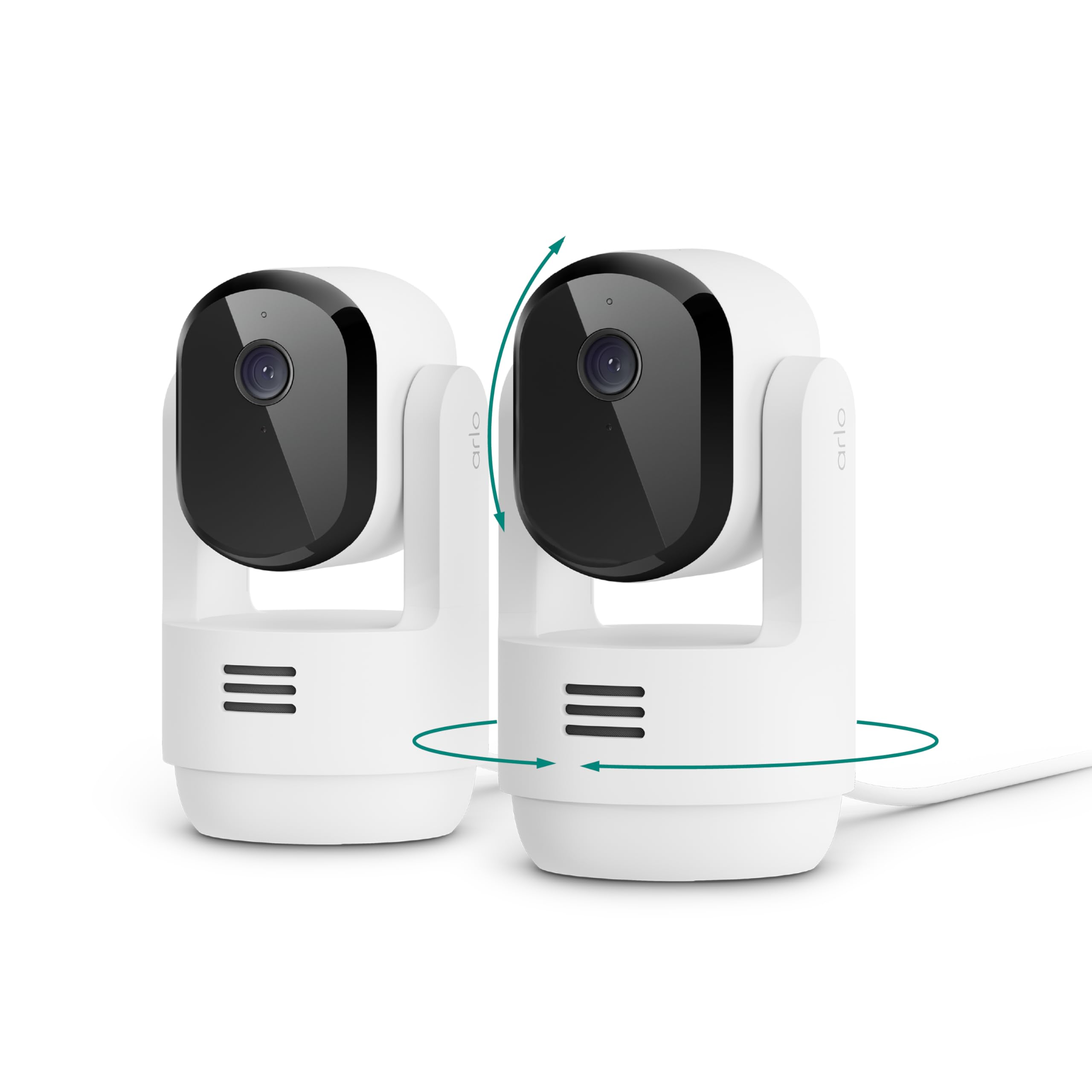 Arlo Essential Indoor Pan-Tilt 2K camera providing wide 360° monitoring for thorough room coverage.