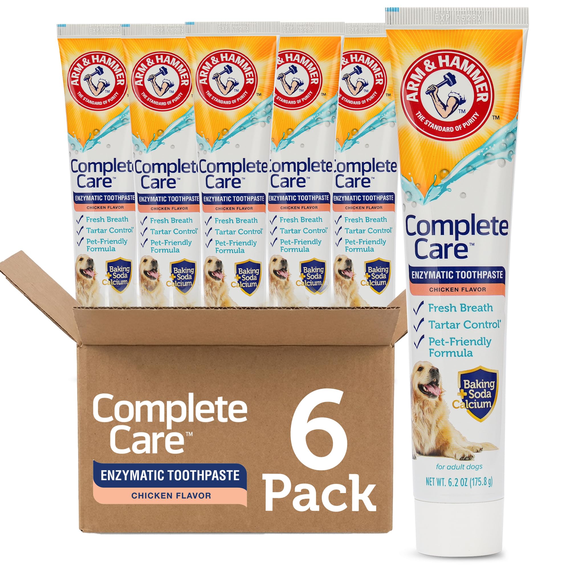 Arm & Hammer Complete Care toothpaste tube showing value size for easier at-home dog dental care.