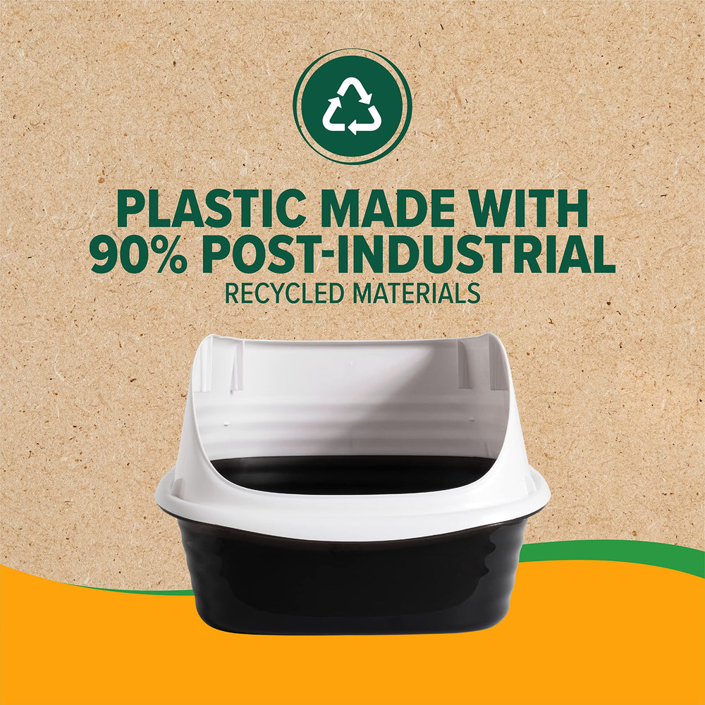 Arm & Hammer rimmed litter pan with durable rim and tall sides for longevity.