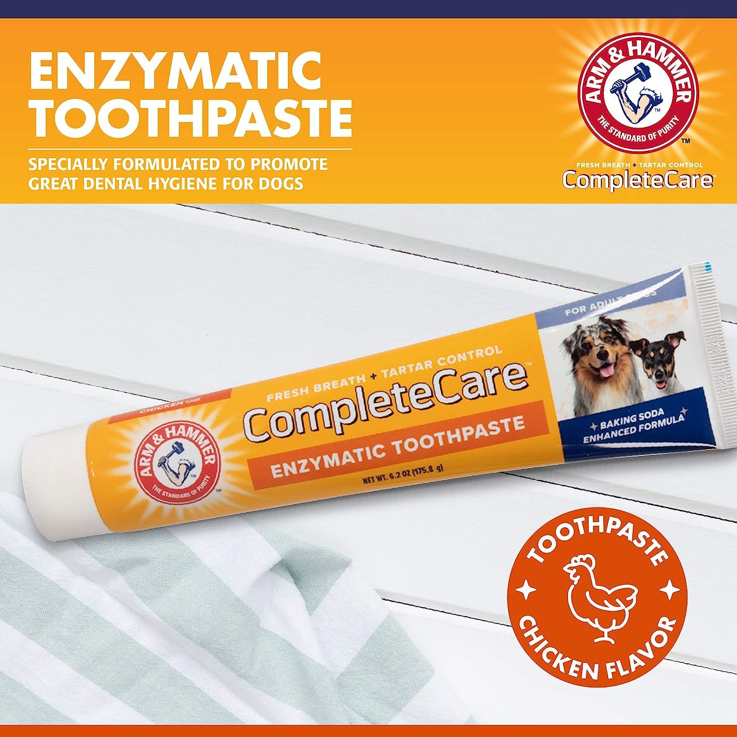 Arm & Hammer Complete Care enzymatic toothpaste close-up highlighting plaque-fighting formula for dogs.