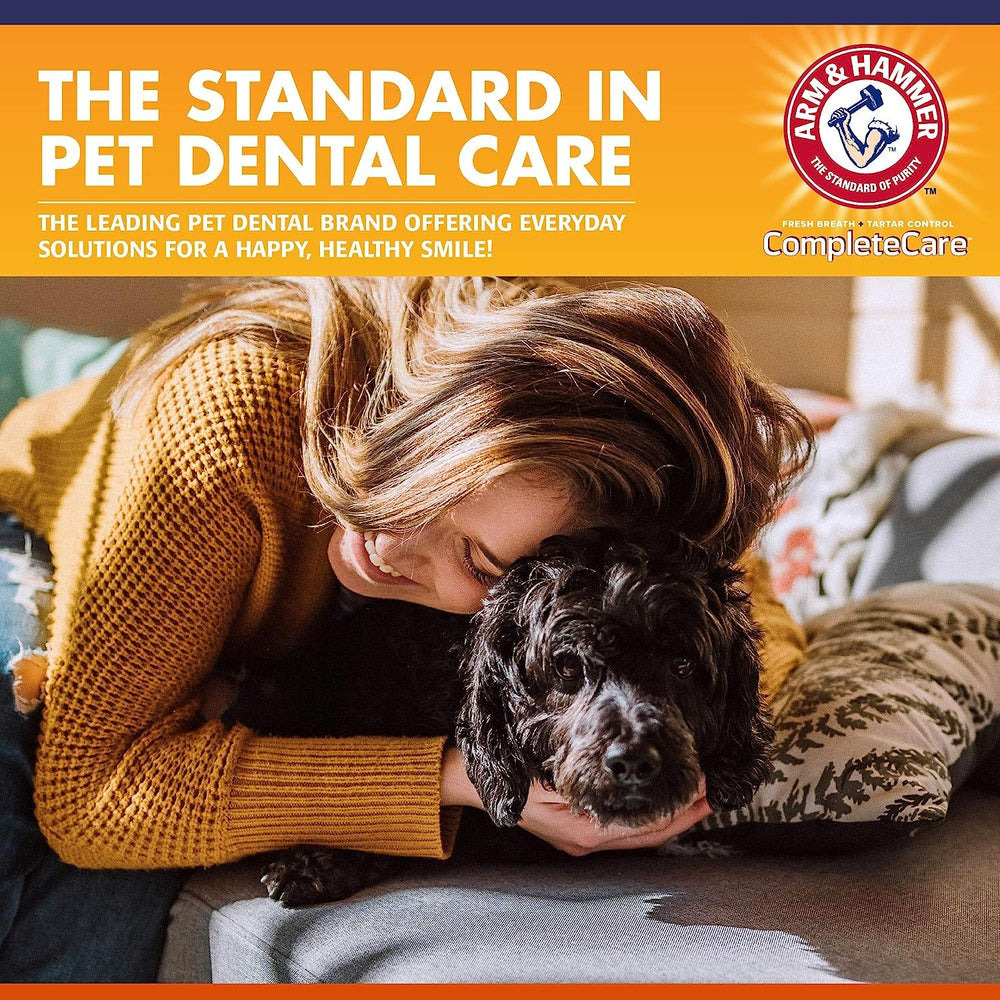Arm & Hammer fluoride-free formula product image indicating safe daily brushing for dogs.