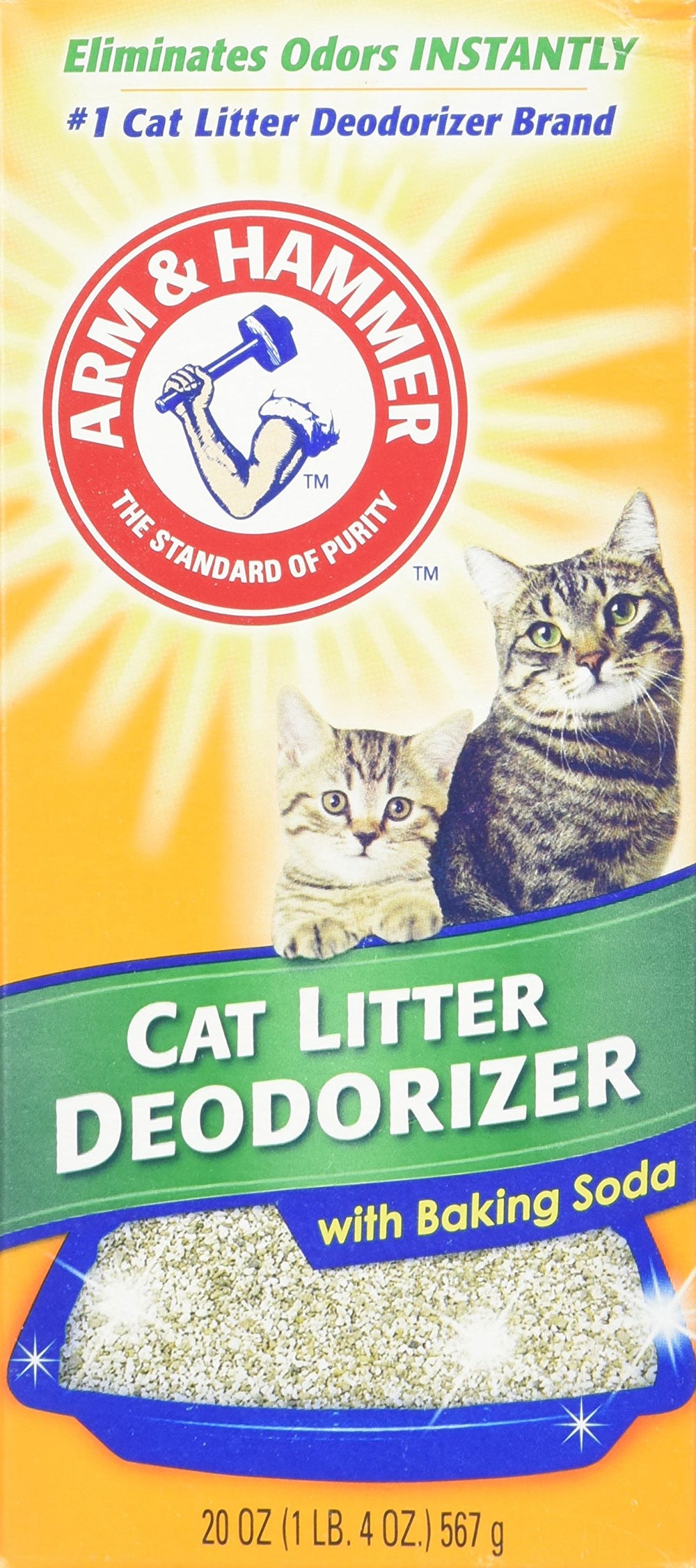 Arm & Hammer for Pets Cat Litter Deodorizer with Activated Baking Soda for odor control in litter boxes.