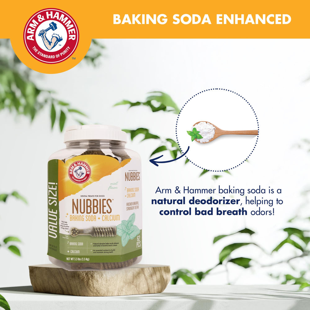 Arm & Hammer for Pets Nubbies bag 62-count on display for easy daily dental care.