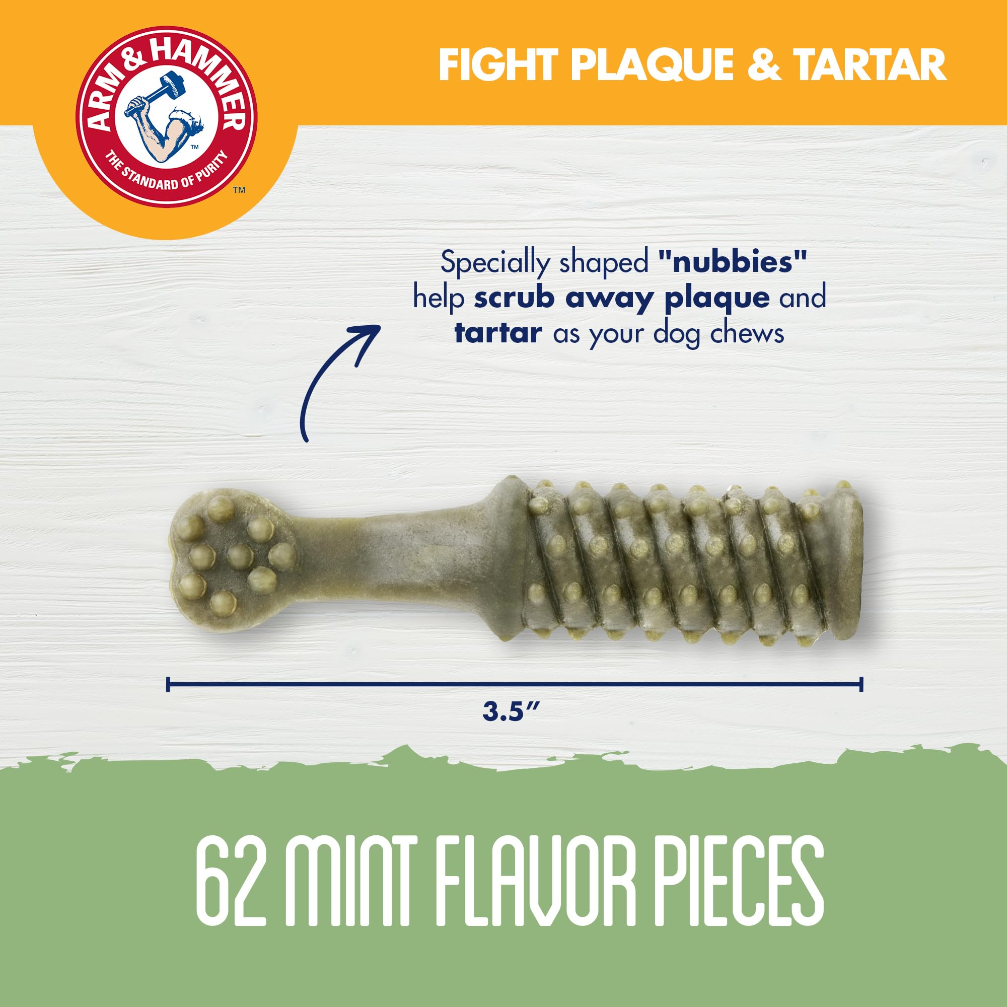Arm & Hammer for Pets Nubbies mint flavor chews show long chew time for fresher breath.
