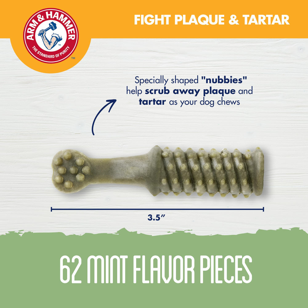 Arm & Hammer for Pets Nubbies mint flavor chews show long chew time for fresher breath.
