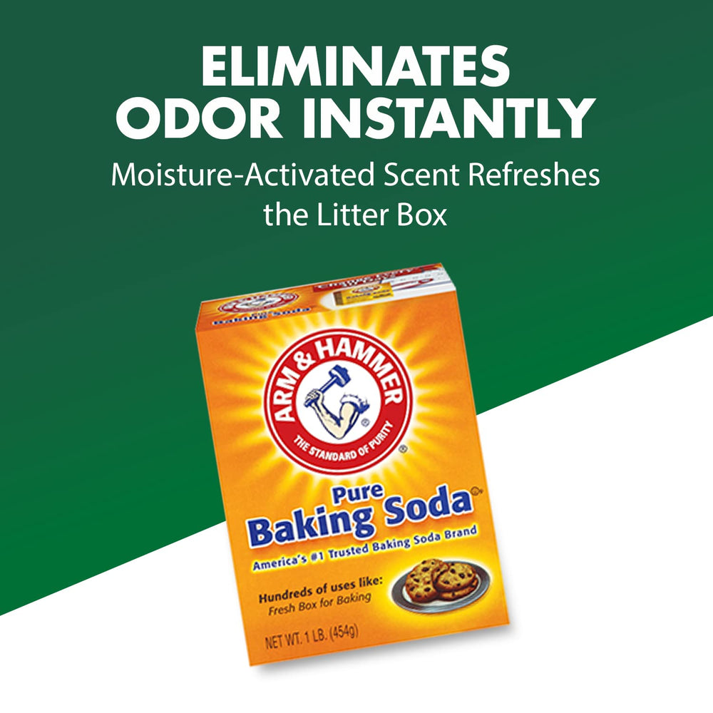 Sprinkling action demonstrates powder dispersing to refresh the litter box.