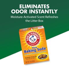 Sprinkling action demonstrates powder dispersing to refresh the litter box.