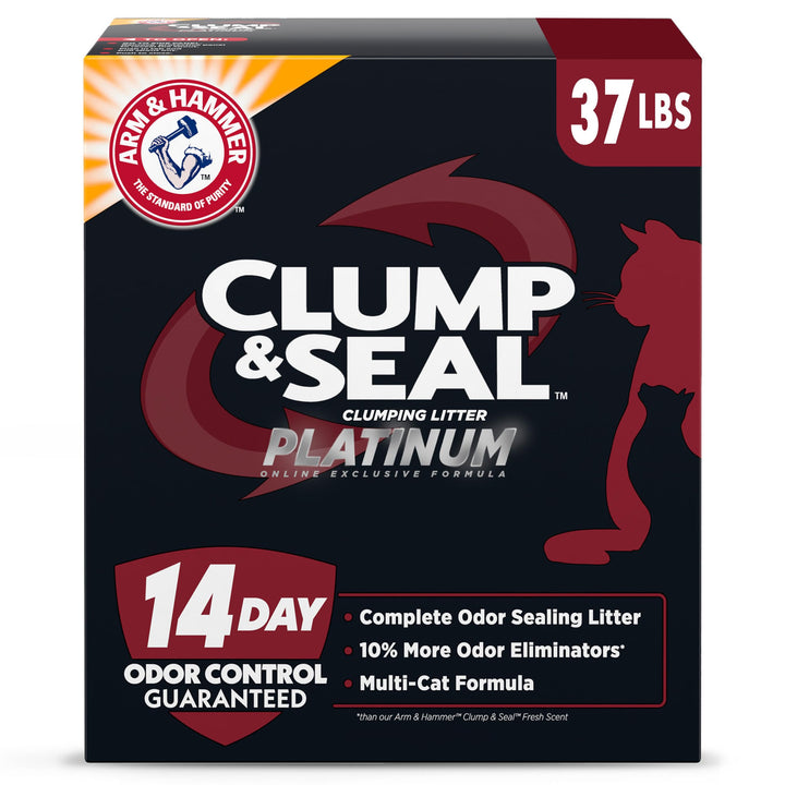 Arm & Hammer Clump & Seal Platinum multi-cat litter bag showing odor control on demand.
