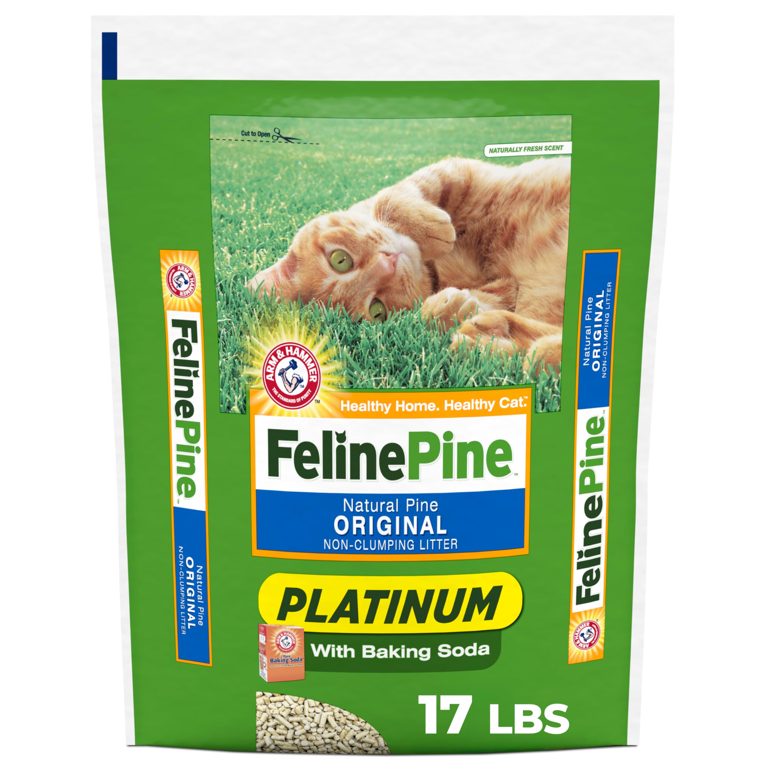 Arm & Hammer Feline Pine Platinum litter bag front highlighting sustainable pine-based formula.