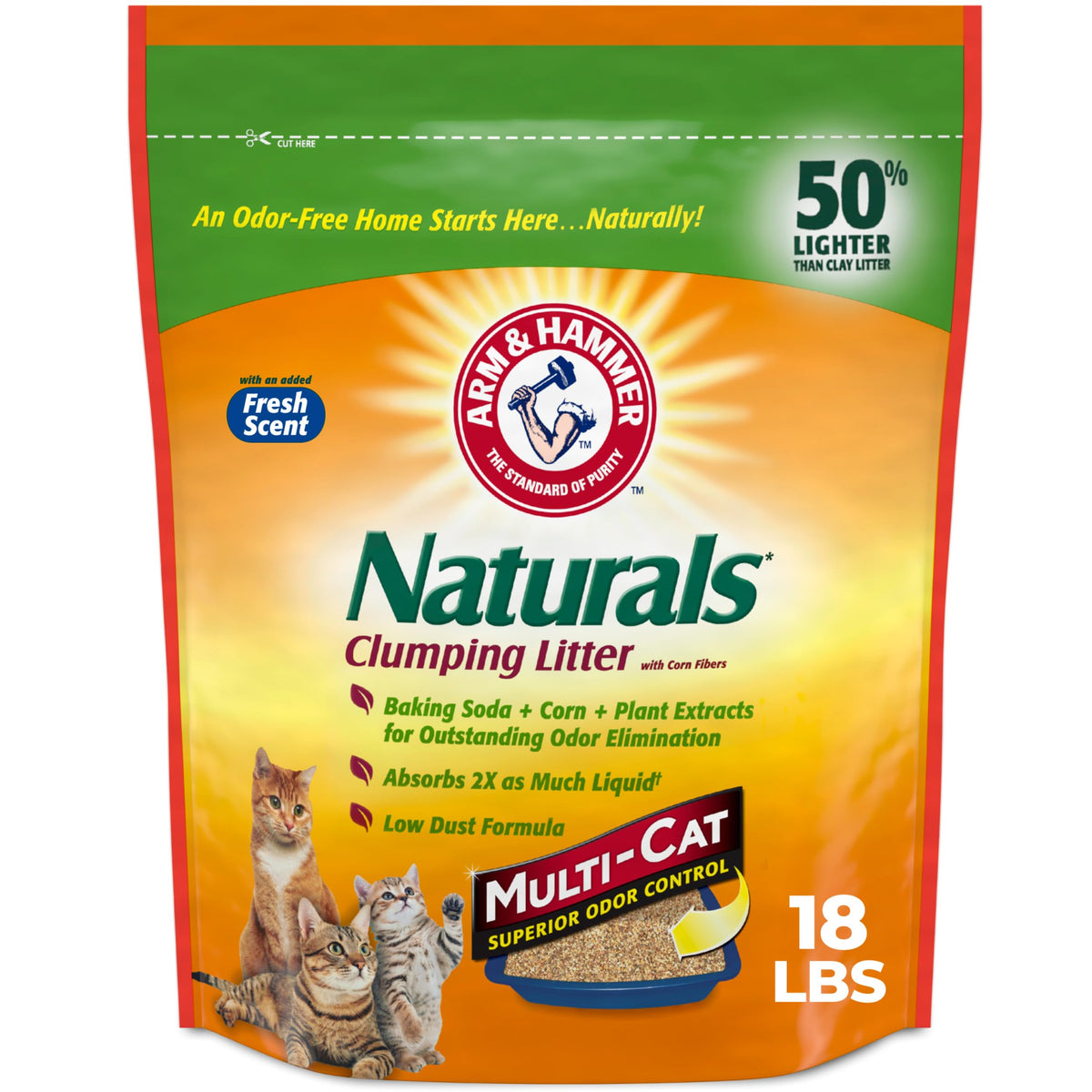 Arm & Hammer Naturals packaging for multi-cat litter highlights natural formula and odor control.