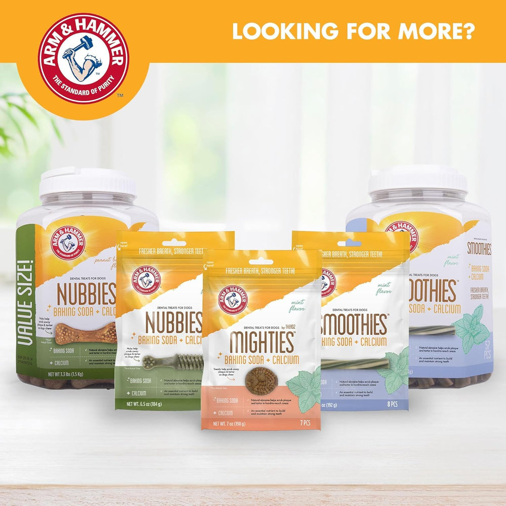 Arm & Hammer Nubbies for dogs over 5 lb and 6+ months fit many households.