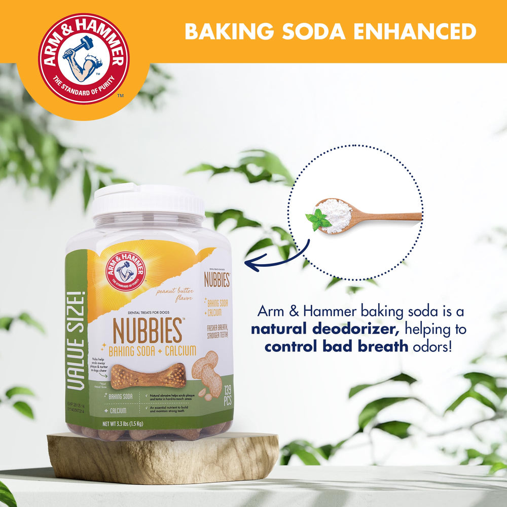 Arm & Hammer Nubbies peanut butter flavor encourages longer chewing sessions.