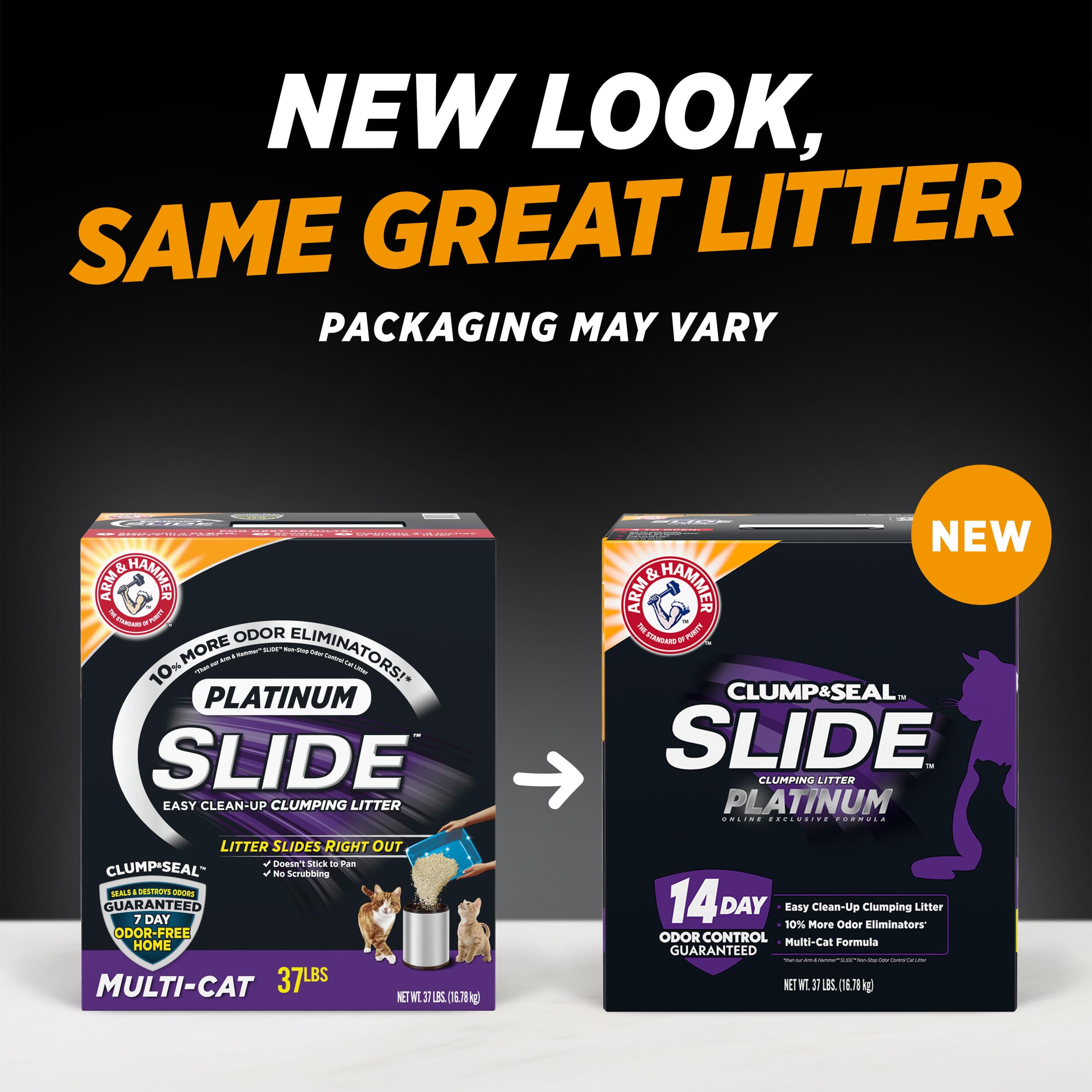 Arm & Hammer Slide Platinum Litter demonstrates EZ Clean Technology for effortless, no-scrub cleanup.