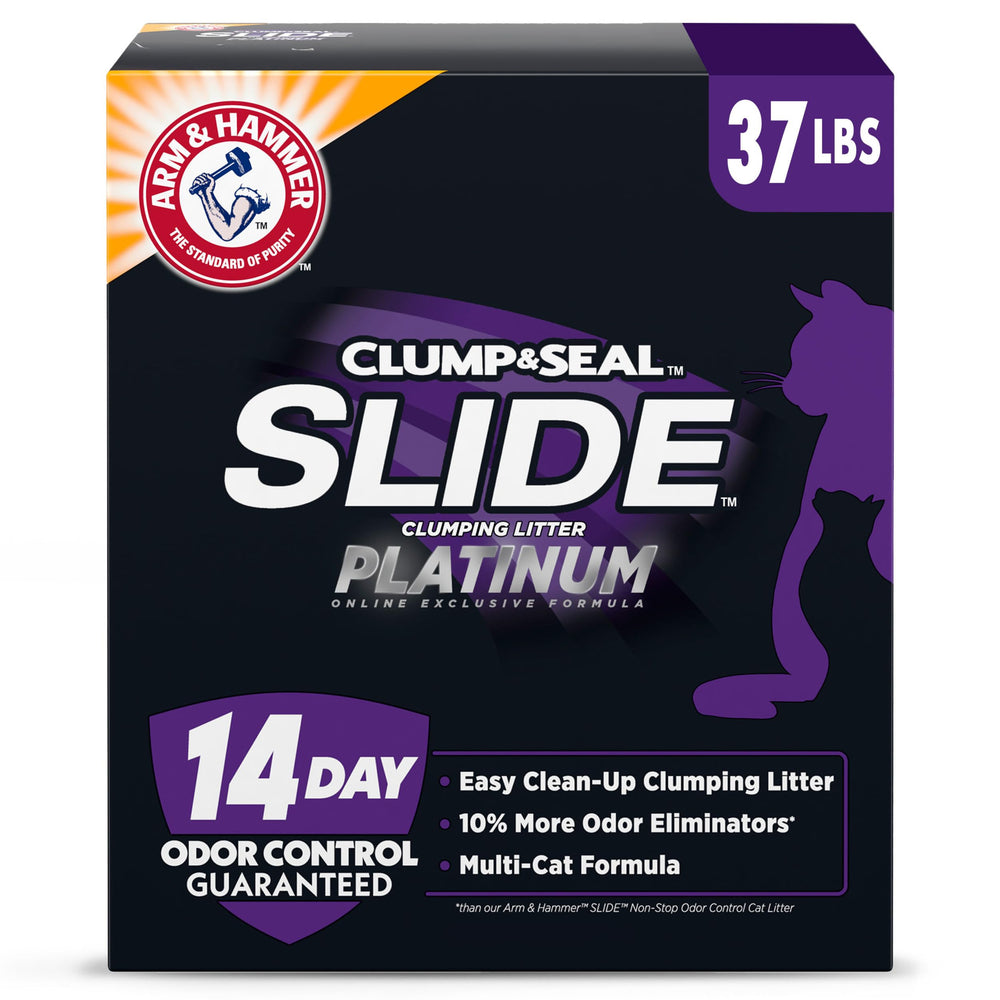 Arm & Hammer Slide Platinum Multi-Cat Litter packaging demonstrates easy storage and setup.