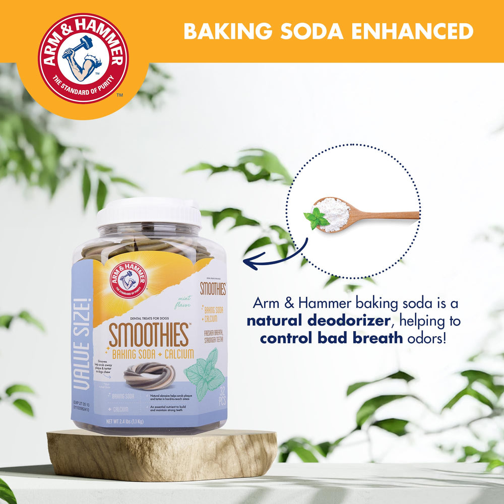 Arm & Hammer Smoothies calcium-boosted formula supports strong teeth with each chew.