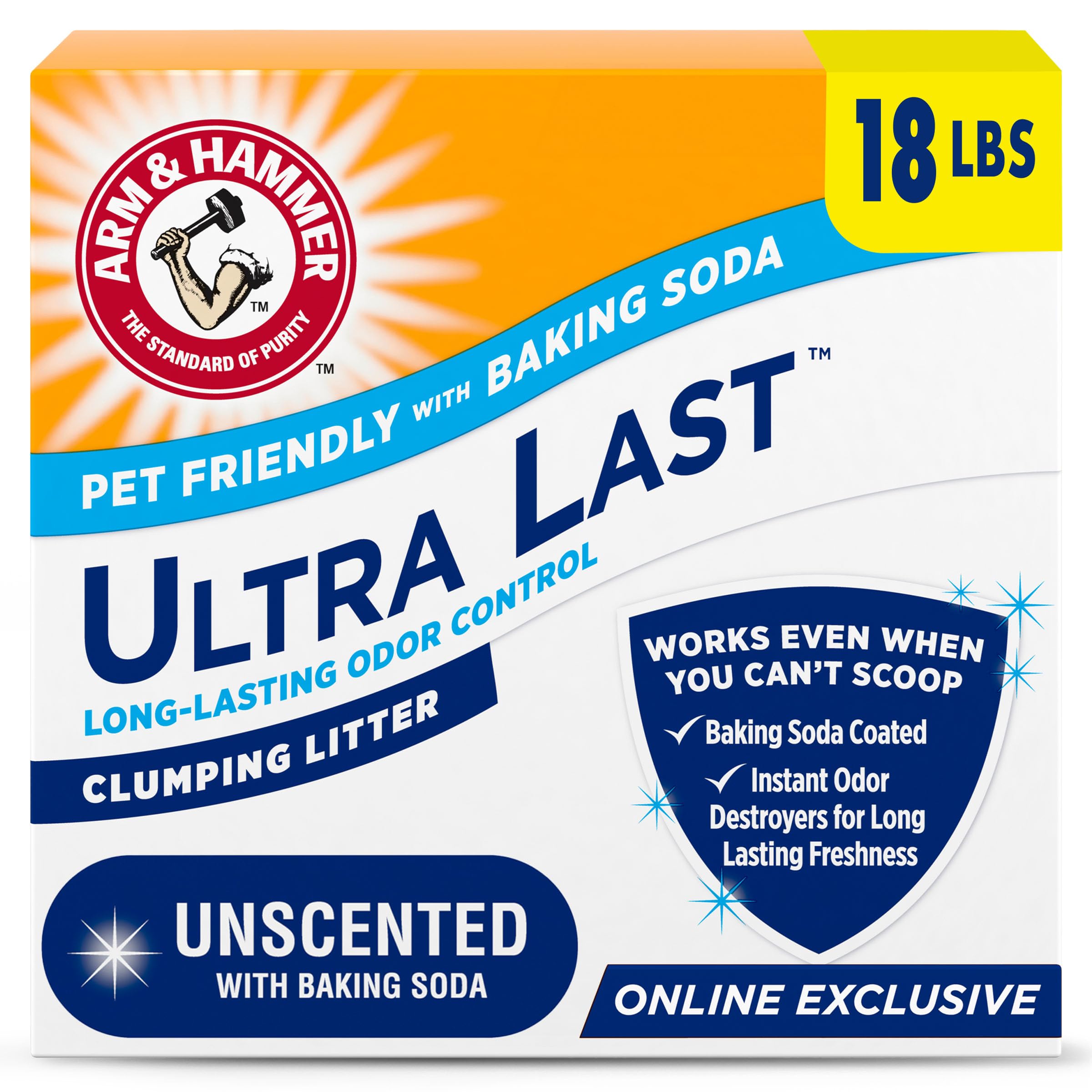 Arm & Hammer Ultra Last Unscented Clumping Cat Litter with long-lasting odor control.