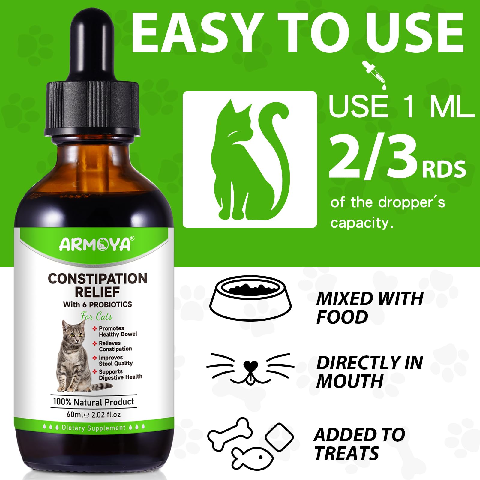 ARMOYA Cat Constipation Relief label detailing ingredients and dosage for informed care