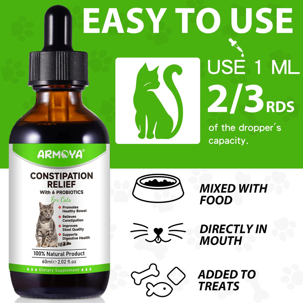 ARMOYA Cat Constipation Relief label detailing ingredients and dosage for informed care