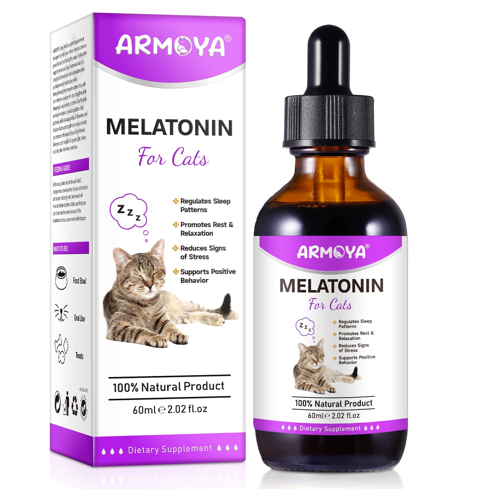 ARMOYA Cat Melatonin bottle ready for restful sleep support.