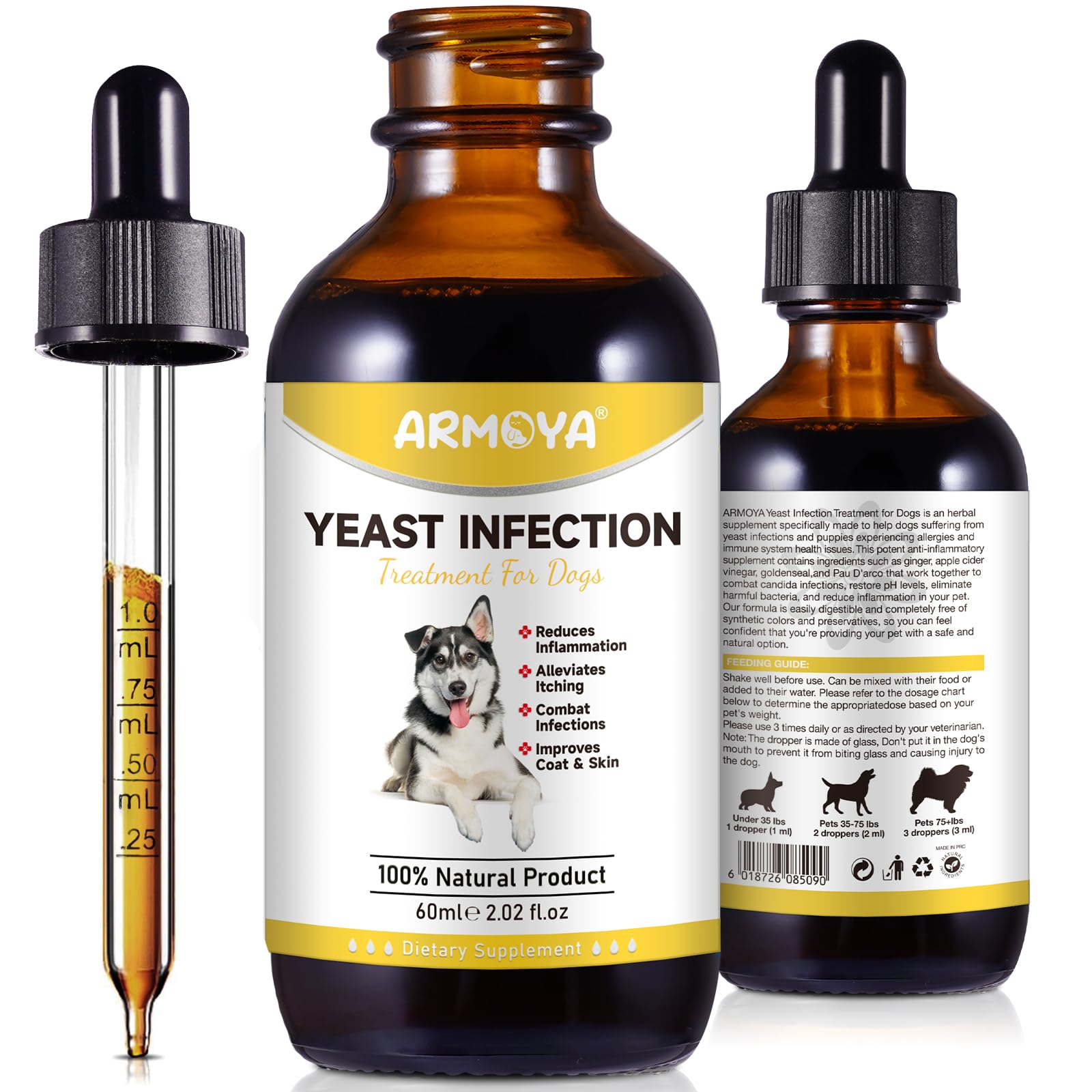 ARMOYA dog yeast treatment bottle pour for easy dosing and on-the-go use.