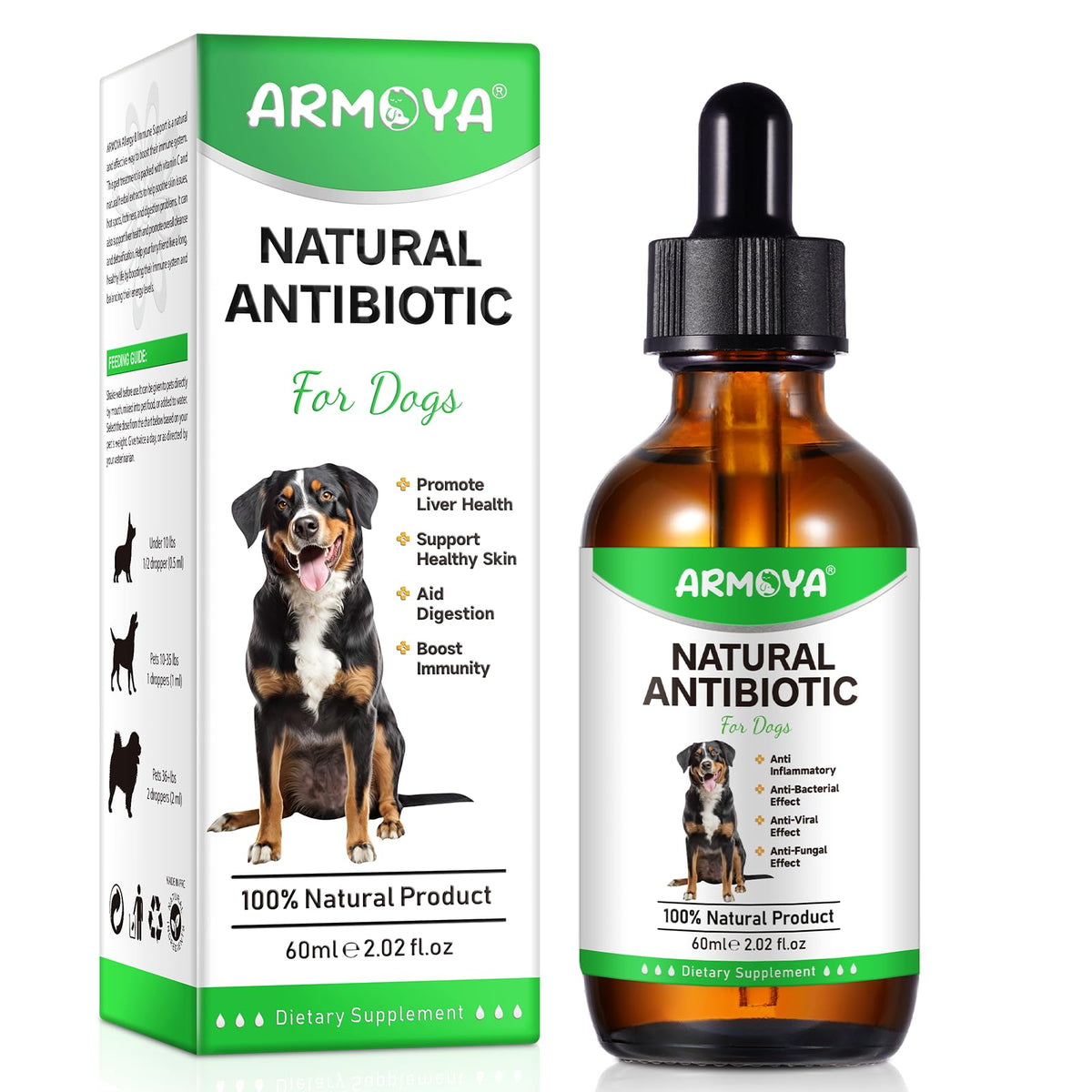 ARMOYA natural dog antibiotics bottle—compact 60ml for easy home dosing.
