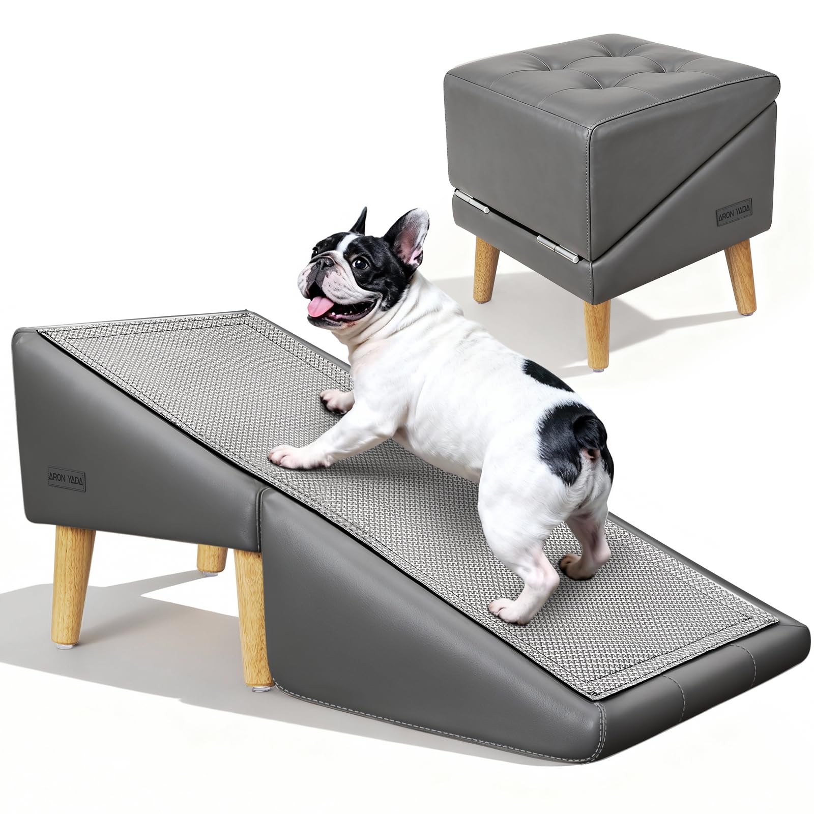 AronYada 16-inch dog stairs setup shows the 2-in-1 ramp and ottoman for bed access.