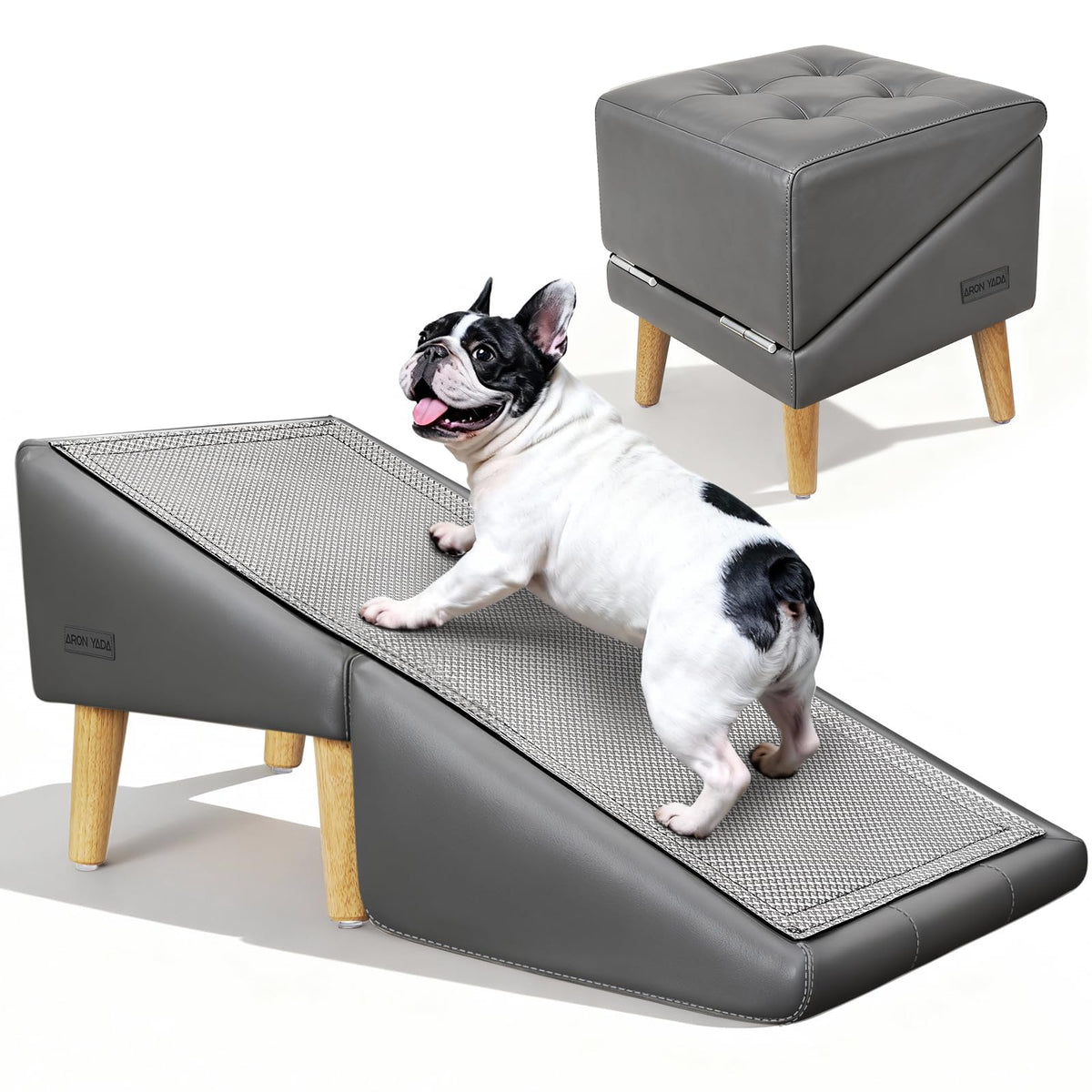 AronYada 16-inch dog stairs setup shows the 2-in-1 ramp and ottoman for bed access.