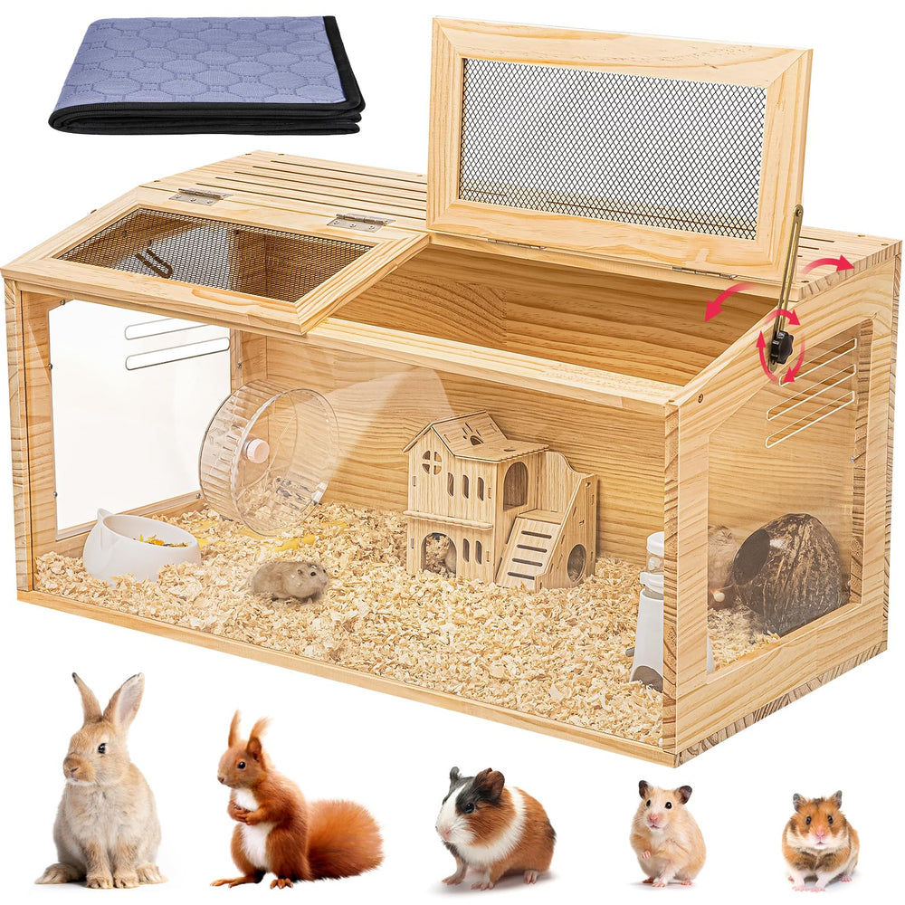 AronYada chewproof wooden hamster cage with 40-inch frame and safe build for nibbling pets