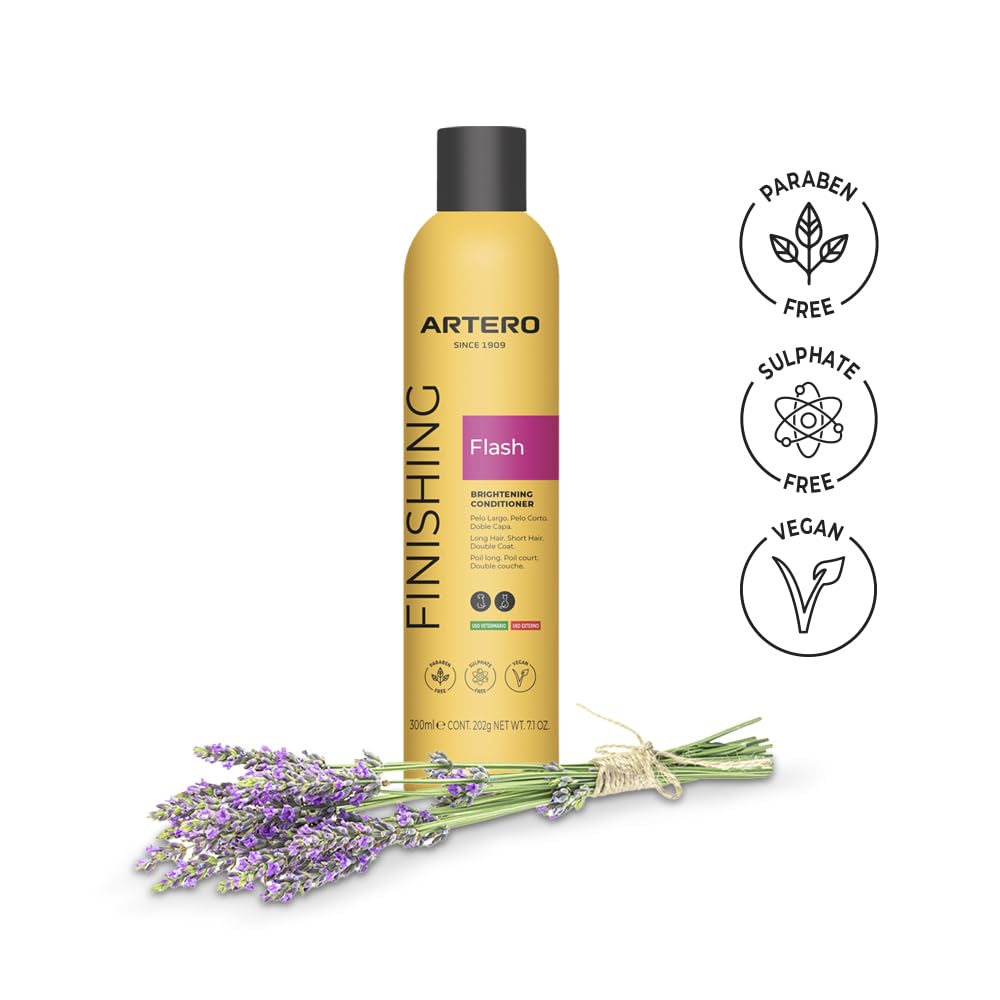 Artero Flash Shine anti-frizz spray smooths coats and reduces static for easier brushing.