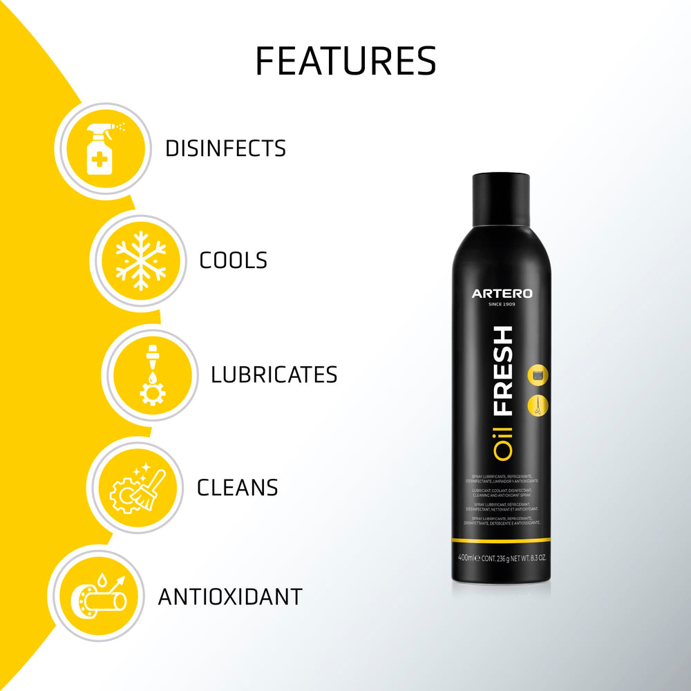 Artero Oil Fresh cooling spray on clipper blades to prevent overheating and smooth cutting