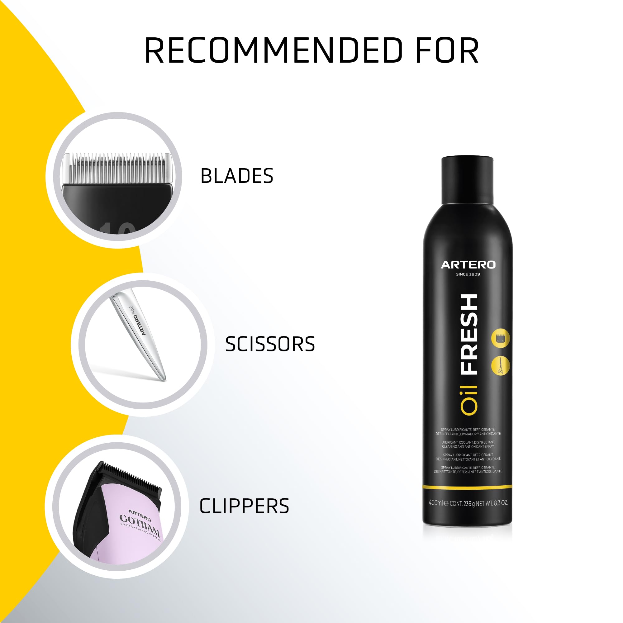 Artero Oil Fresh cooling spray cleans scissors to reduce residue and maintain precision