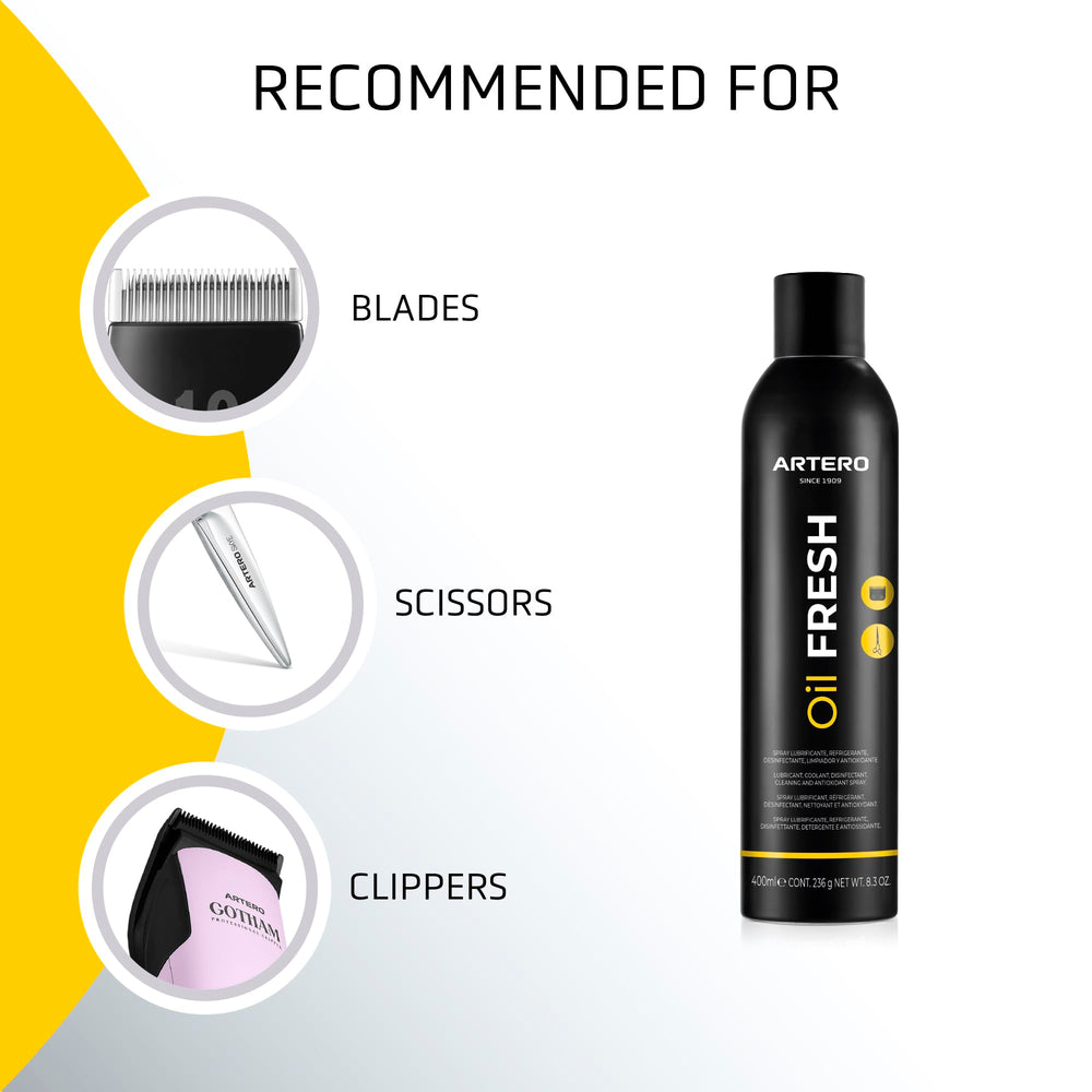 Artero Oil Fresh cooling spray cleans scissors to reduce residue and maintain precision