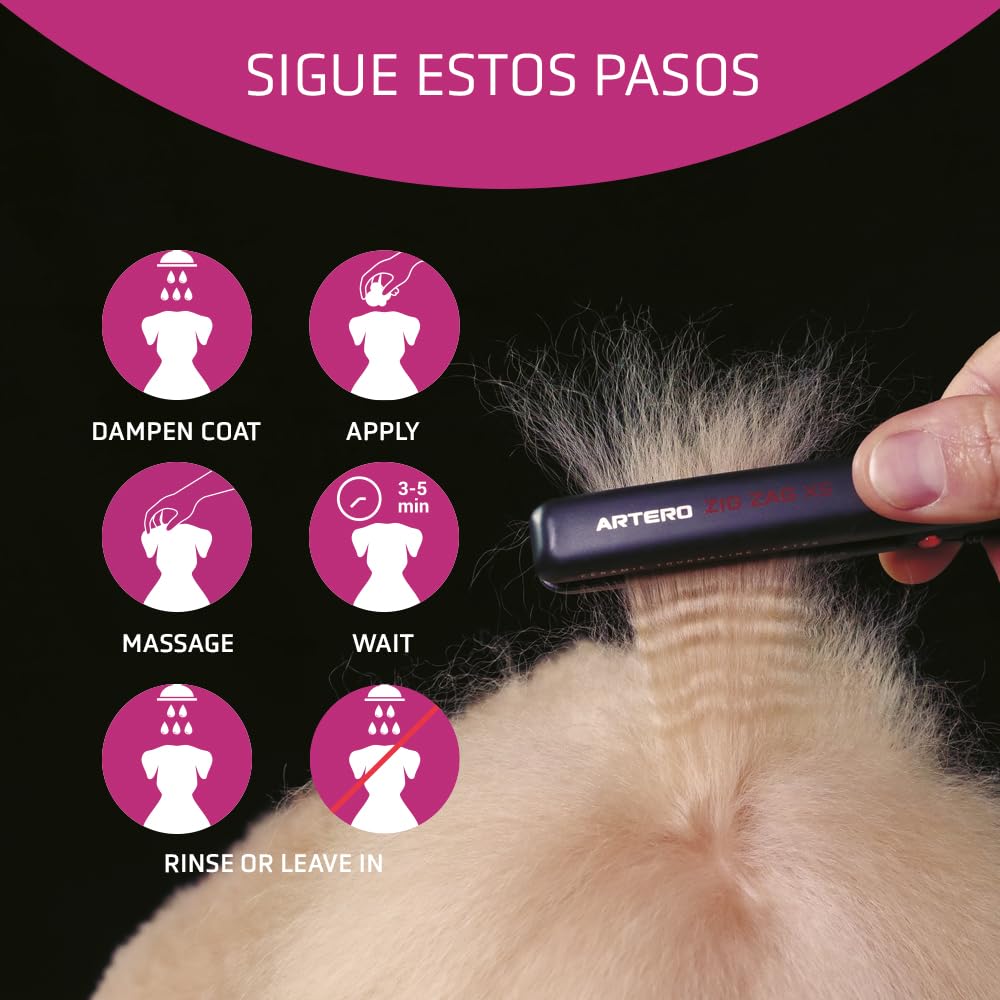 Groomer detangles with Artero Protein Vital on the coat.
